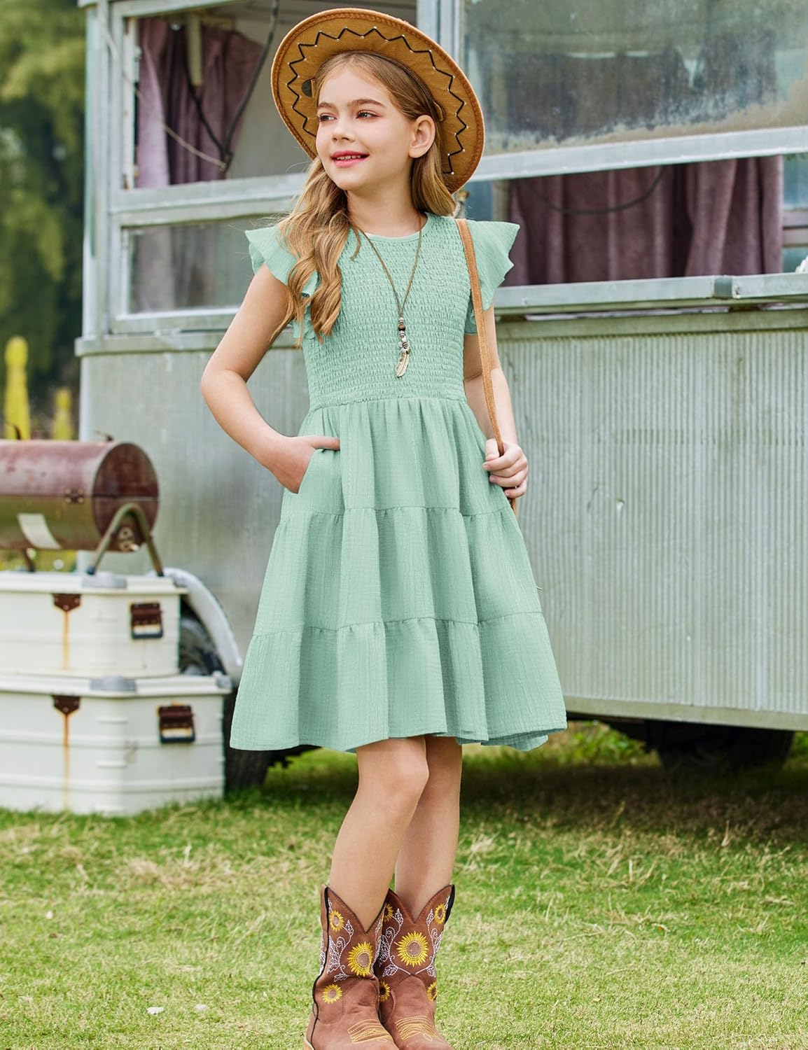 Arshiner Girls Summer Flutter Short Sleeve Sundress Smocked Elastic Waist Tiered Midi Dress with Pockets - Image 6