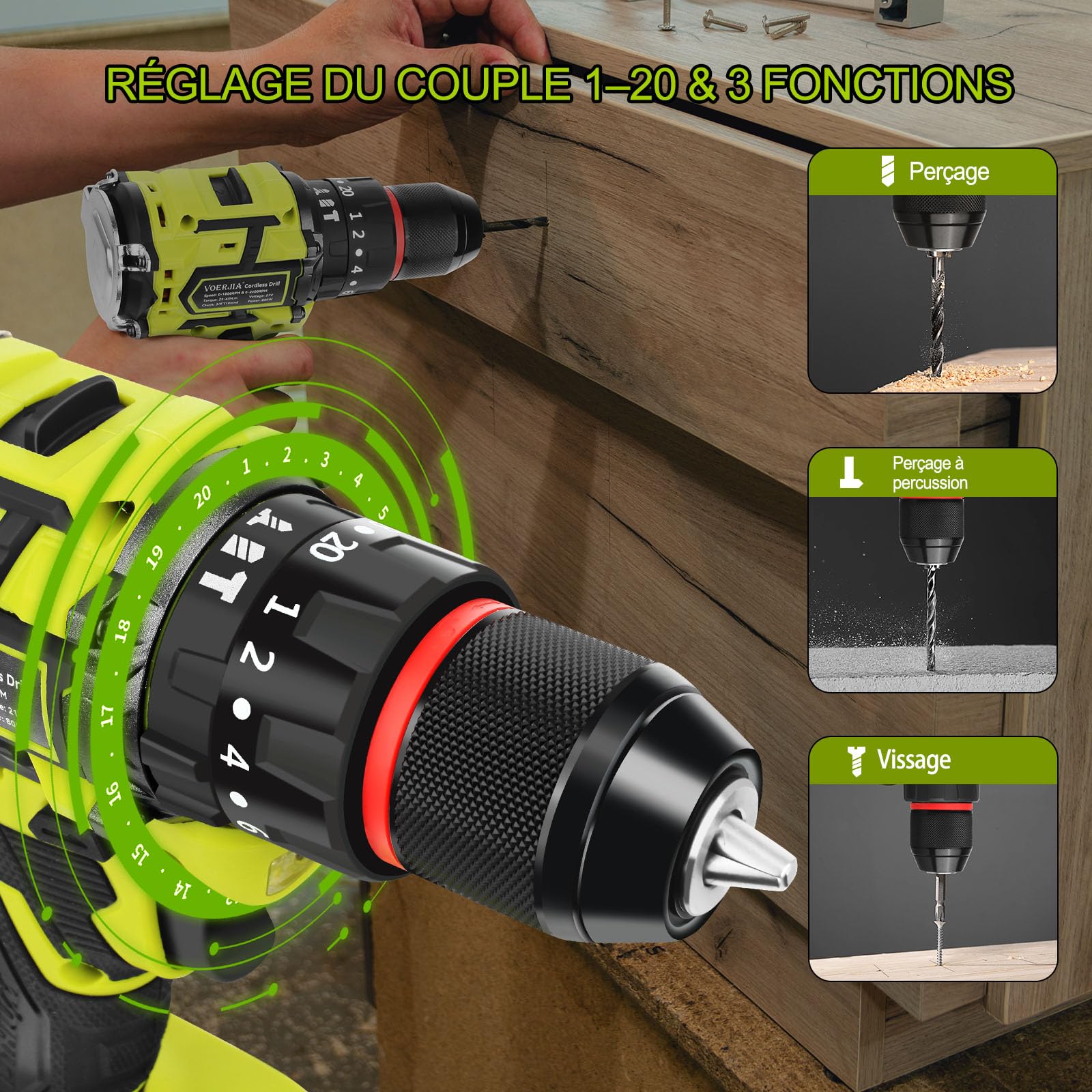 VOERJIA Perceuse Visseuse Sans Fil 21V, Perceuse Percussion Brushless avec 2 Batteries 2000mAh, 65Nm Couple Max, 20+3 Réglages de Couple, 2 Vitesses, LED, Mandrin 10mm, 46 Accessoires et Valise