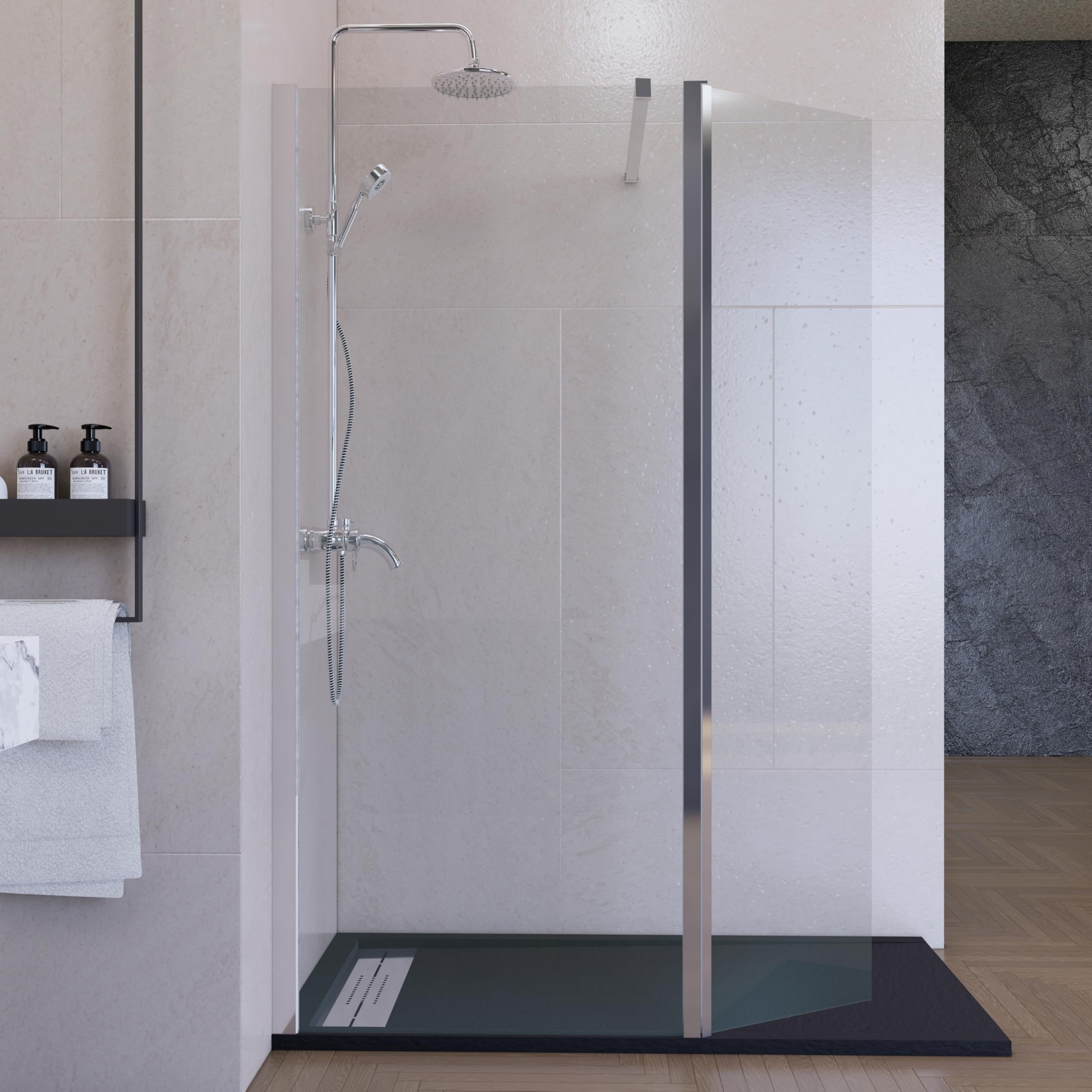 Mampara de Ducha Fija con Panel Abatible Cromo 60 cm + 40 cm – Cristal Templado 8 mm Antical – Mampara Walk In Reversible para Baño Moderno – HOGAKIS