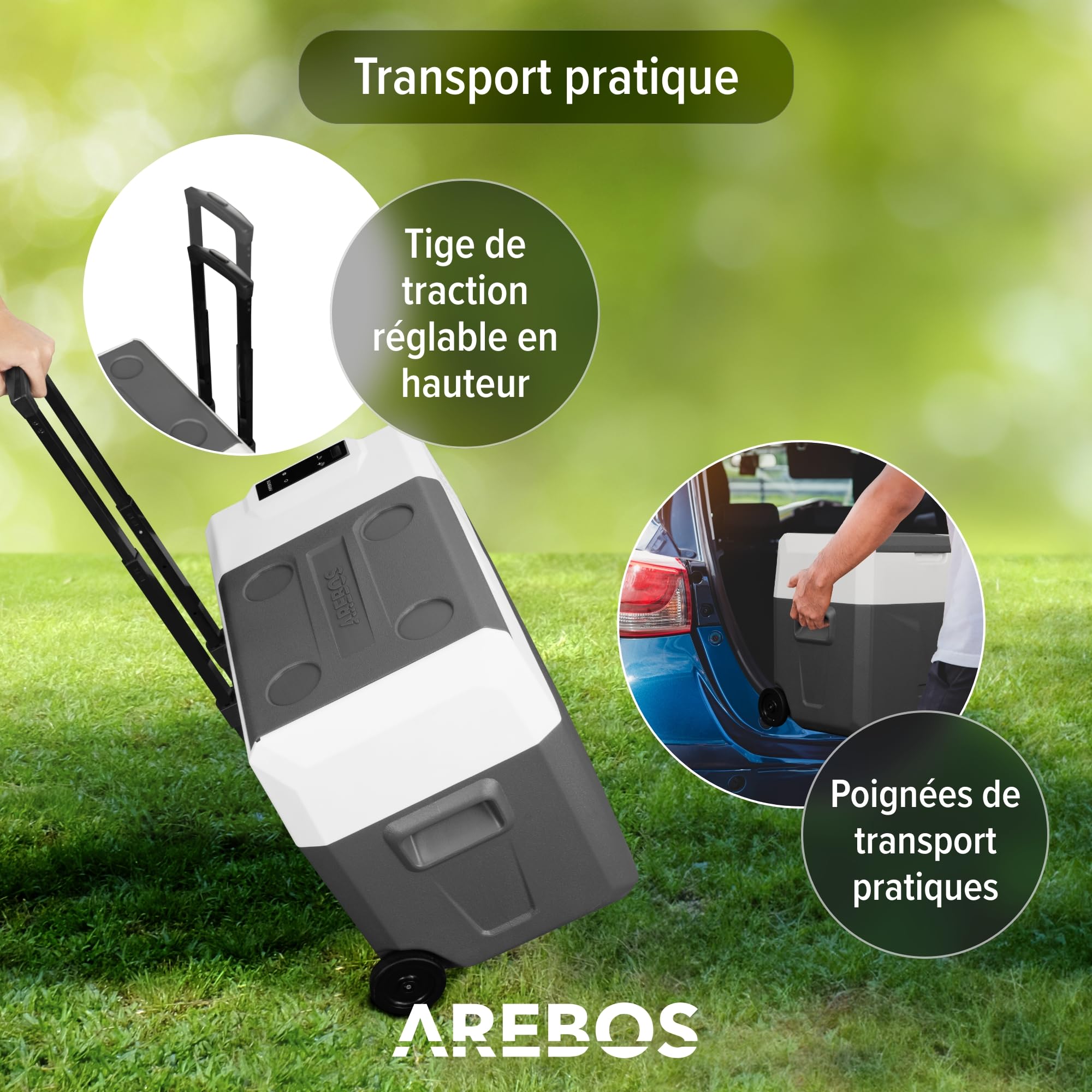 Arebos Glacière à compresseur avec roulettes 39 litres | avec Commande APP pour Refroidir, congeler et Maintenir au Chaud | Réfrigérateur jusqu'à -20 °C | Glacière pour Voiture