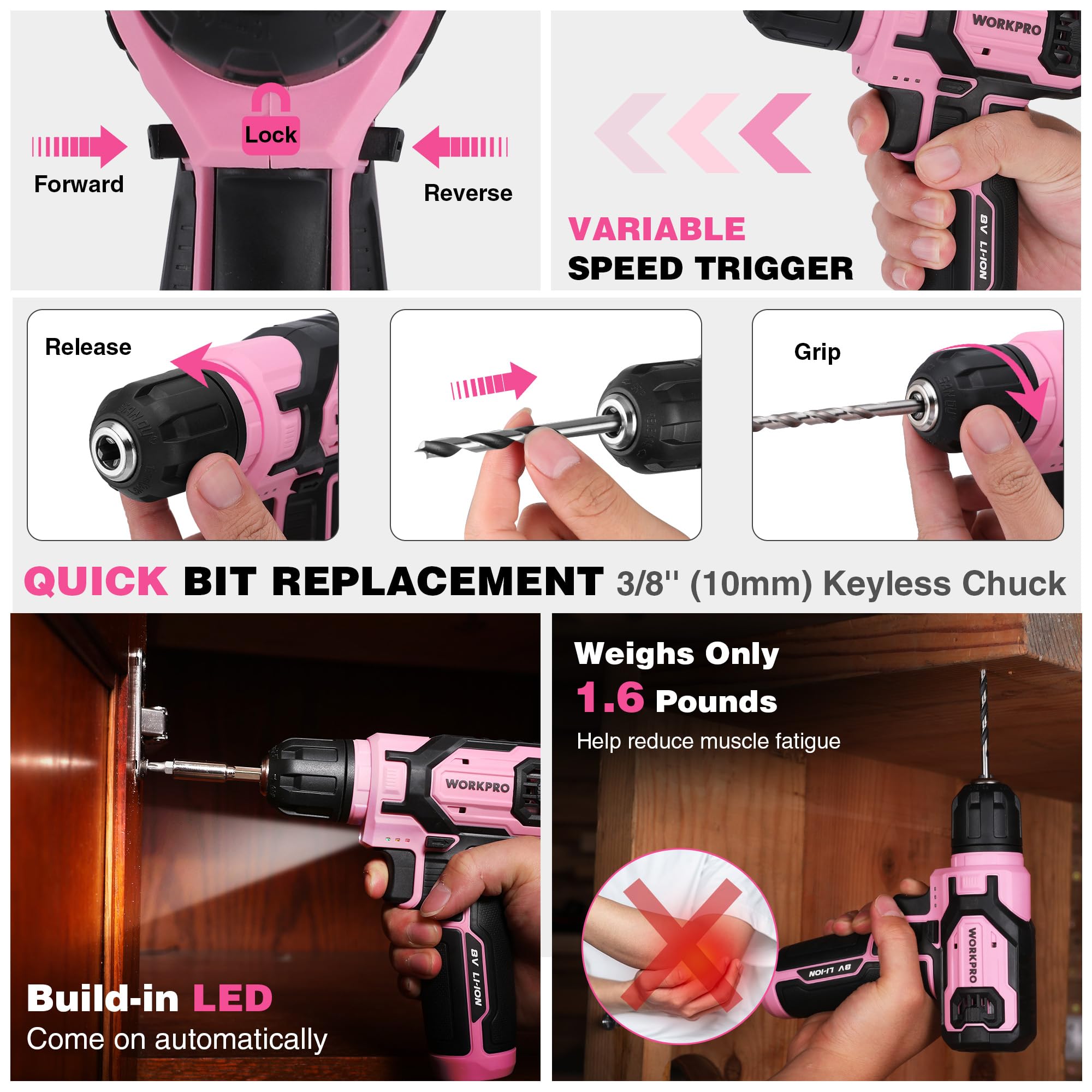 WORKPRO Juego de taladro eléctrico rosa y caja de herramientas apilable, destornillador inalámbrico de 8 V con juego de brocas, kit de destornillador eléctrico inalámbrico de 2.0 Ah con portabrocas