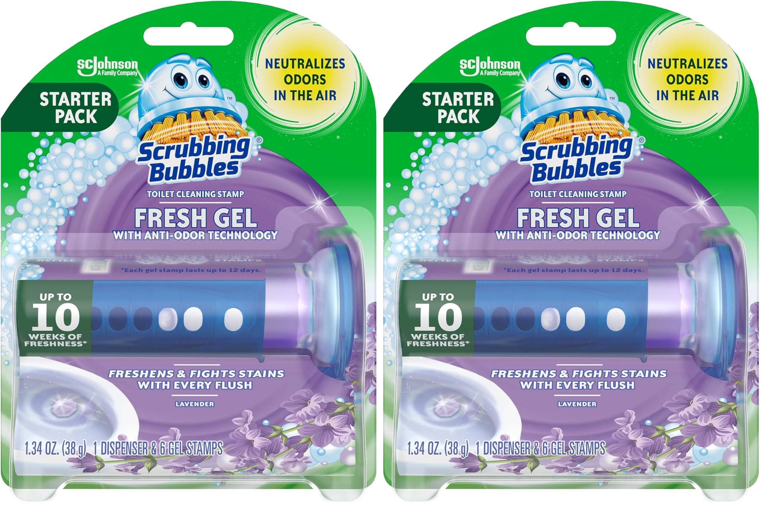 Toilet Gel Stamps, Fresh Gel Toilet Cleaning Stamps, Helps Keep Toilet Clean and Helps Prevent Limescale & Toilet Rings, Lavender Scent, 1 Dispenser with 6 Stamps (Pack of 2)
