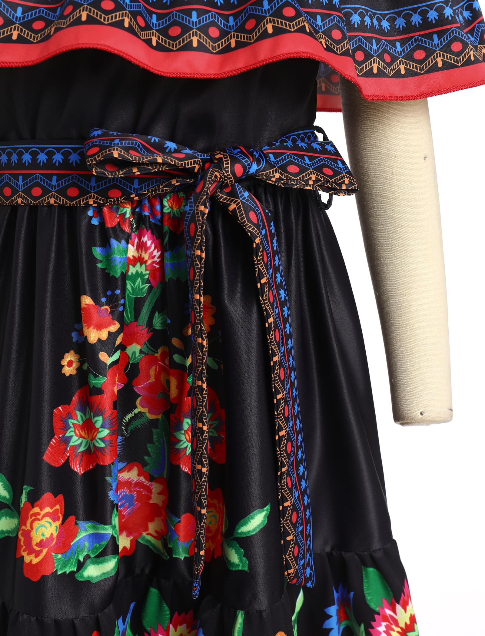 Mexikanisches Kleid für Mädchen, Sommer, Boho, Blumenmuster, Drapierkleid, schulterfrei, ausgefallenes traditionelles Cinco de Mayo Fiesta, Folklorico-Kleid, Bohemian-Kleid, lässig