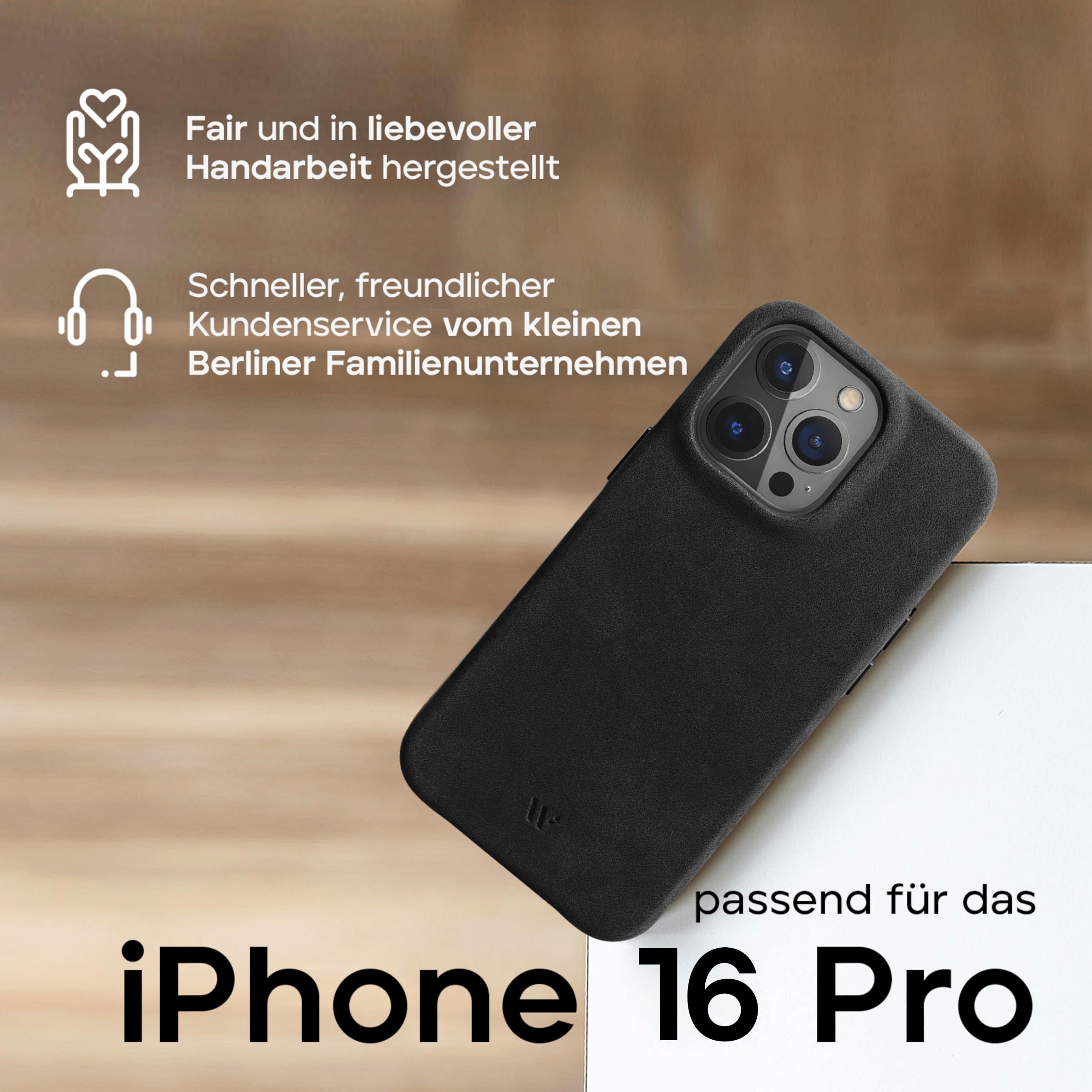 WIIUKA Hülle für iPhone 16 Pro, Leder aus Deutschland, Lederhülle extra Dünn, Premium Handyhülle, Case, Qi, Vintage Schwarz