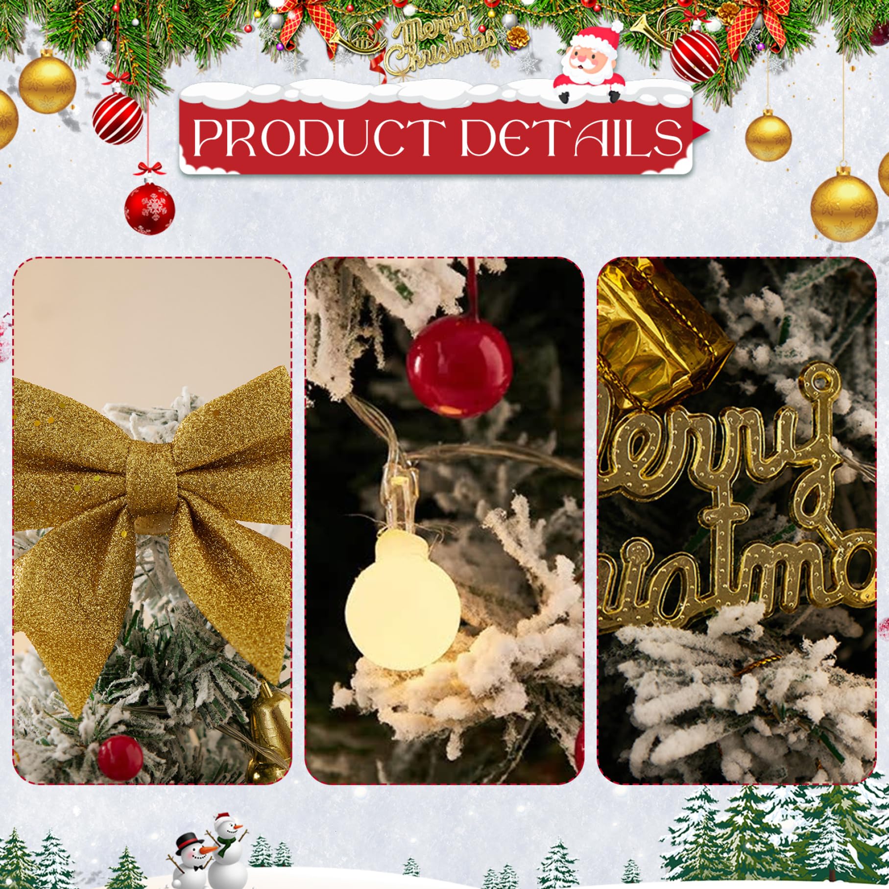 Petit Sapin de Noël avec lumières 61 cm, Arbre de Noël floqué enneigé avec nœud, Boules, Cloche, Pomme pin pour Les Vacances d'hiver, décoration Maison, Bureau, doré