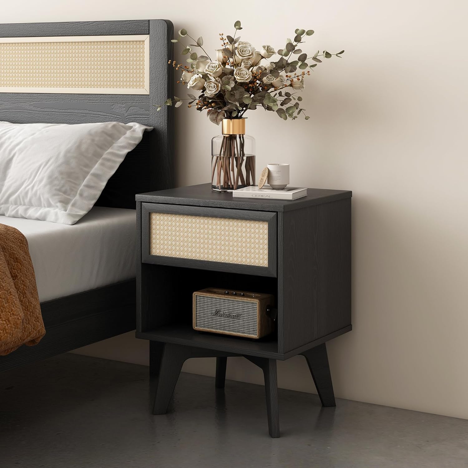 MUSEHOMEINC Nightstand, Boho Bedside Table with Rattan Drawer Open Shelf, Black Wooden Night Stand with Storage, Mid Century Modern End Table for Bedroom, Living Room,Dorm and Small Spaces