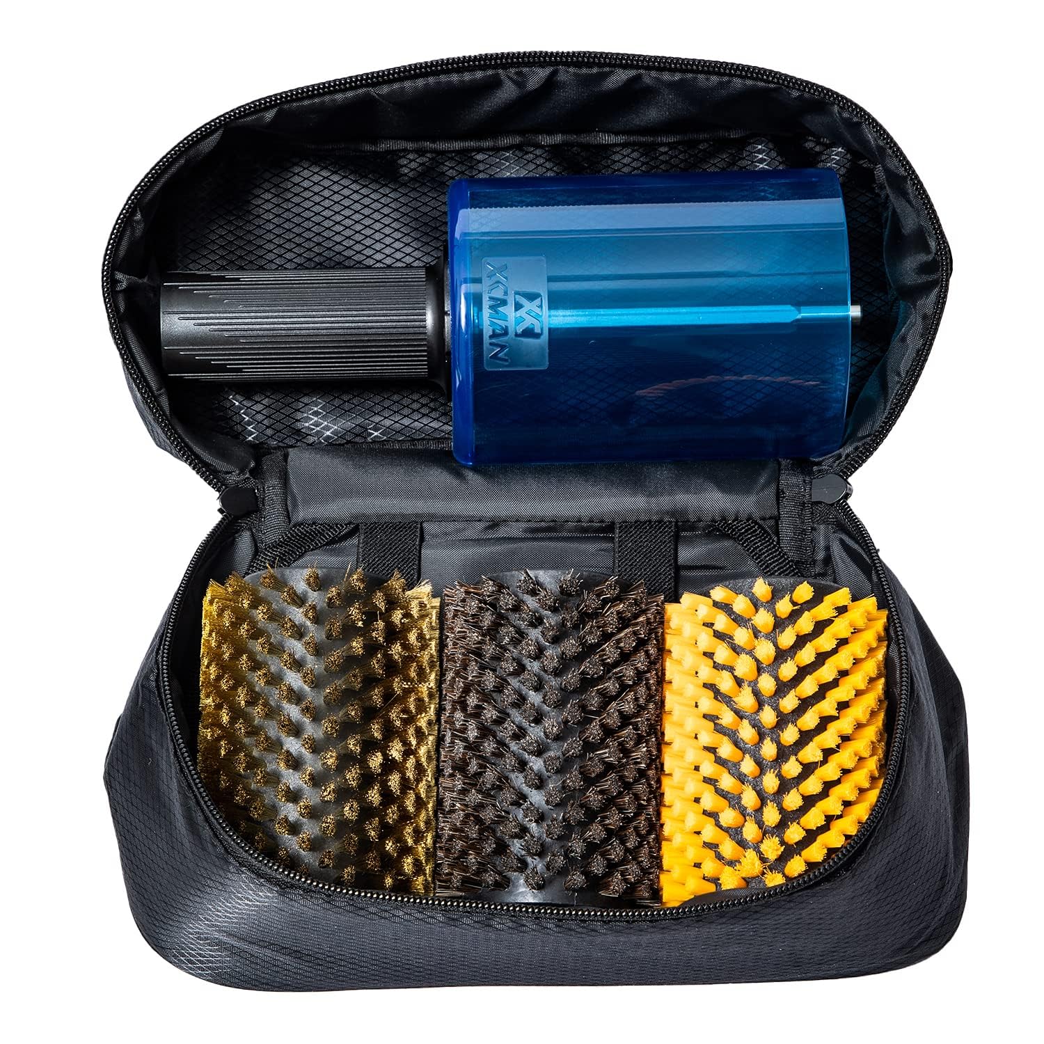 XCMAN Kit de brosses rotatives pour Ski avec Manche et 3 brosses : Nylon, CRIN de Cheval, Laiton/liège