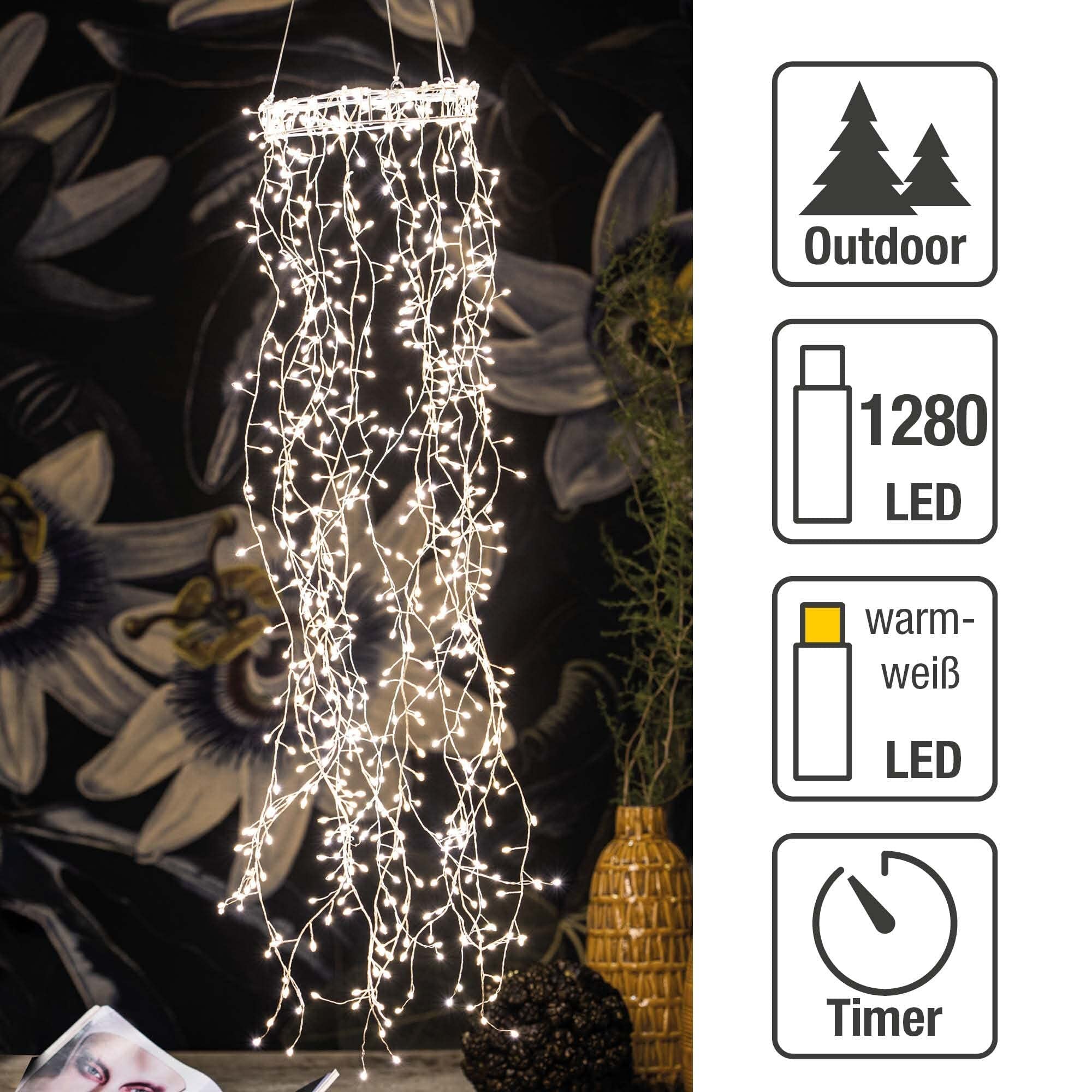 hellum LED ring mit Lichterbündel mit Timer, dimmbar, 1280 warmweiße LEDs, ring ø 30cm, H 2,1m, mit 18 Cluster-Lichterkette für außen, Weihnachtsdeko, Hochzeitdeko, Gartendeko, 578676