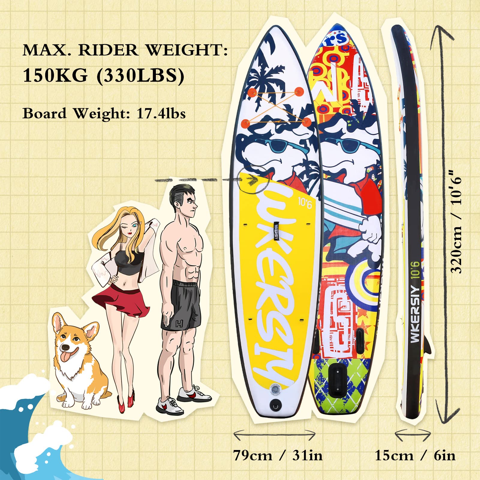 Lixada Nadmuchiwane deski SUP Deska surfingowa o grubości 15 cm, zestaw surfingowy z deską surfingową, zwijaną pompką i torbą do przenoszenia, rozmiar deski: 320 x 79 x 15 cm, maksymalna waga łożyska: