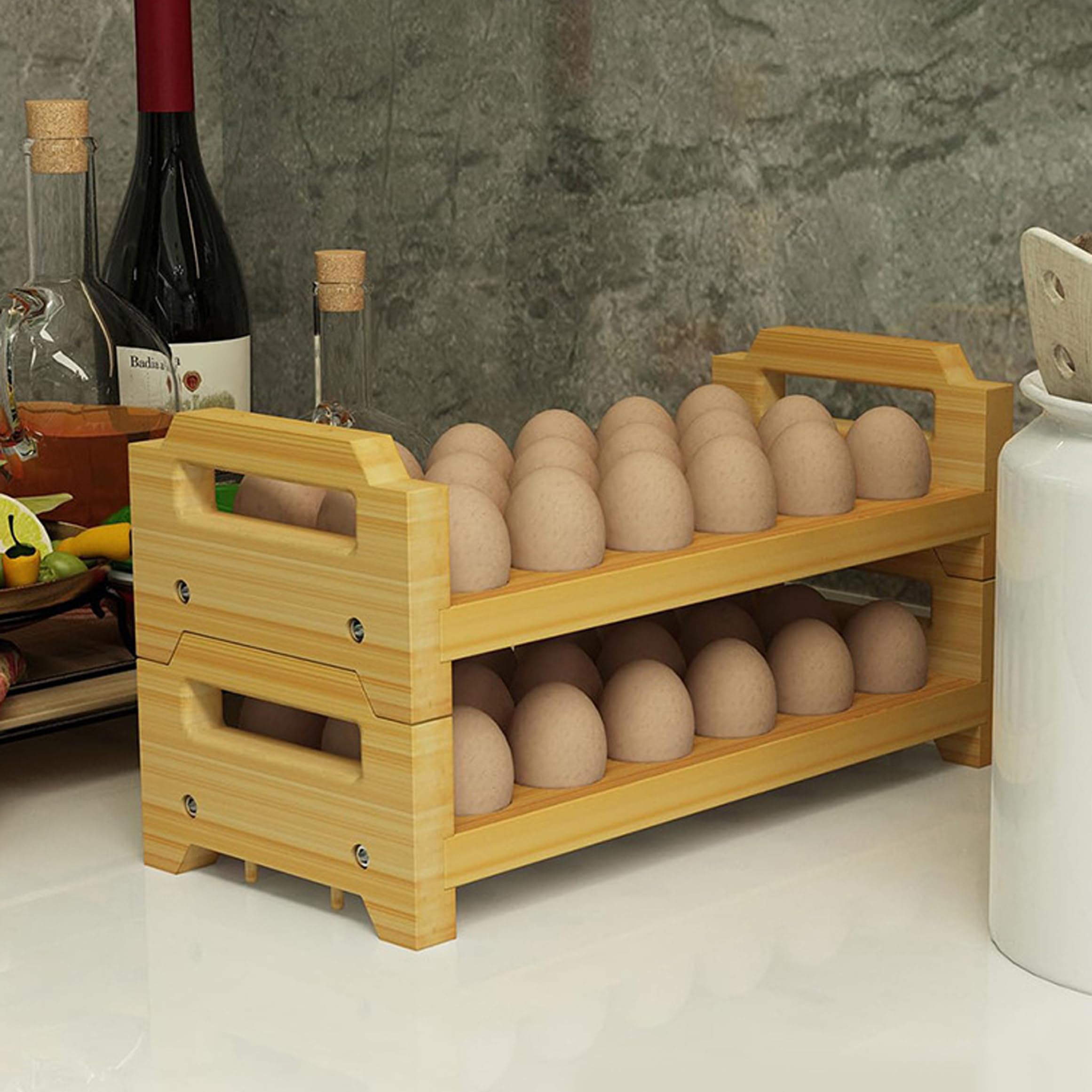 Huevera de bambú de 2 niveles con asa, bandeja apilable para huevos para almacenamiento en cocina y refrigerador, Color Bambú