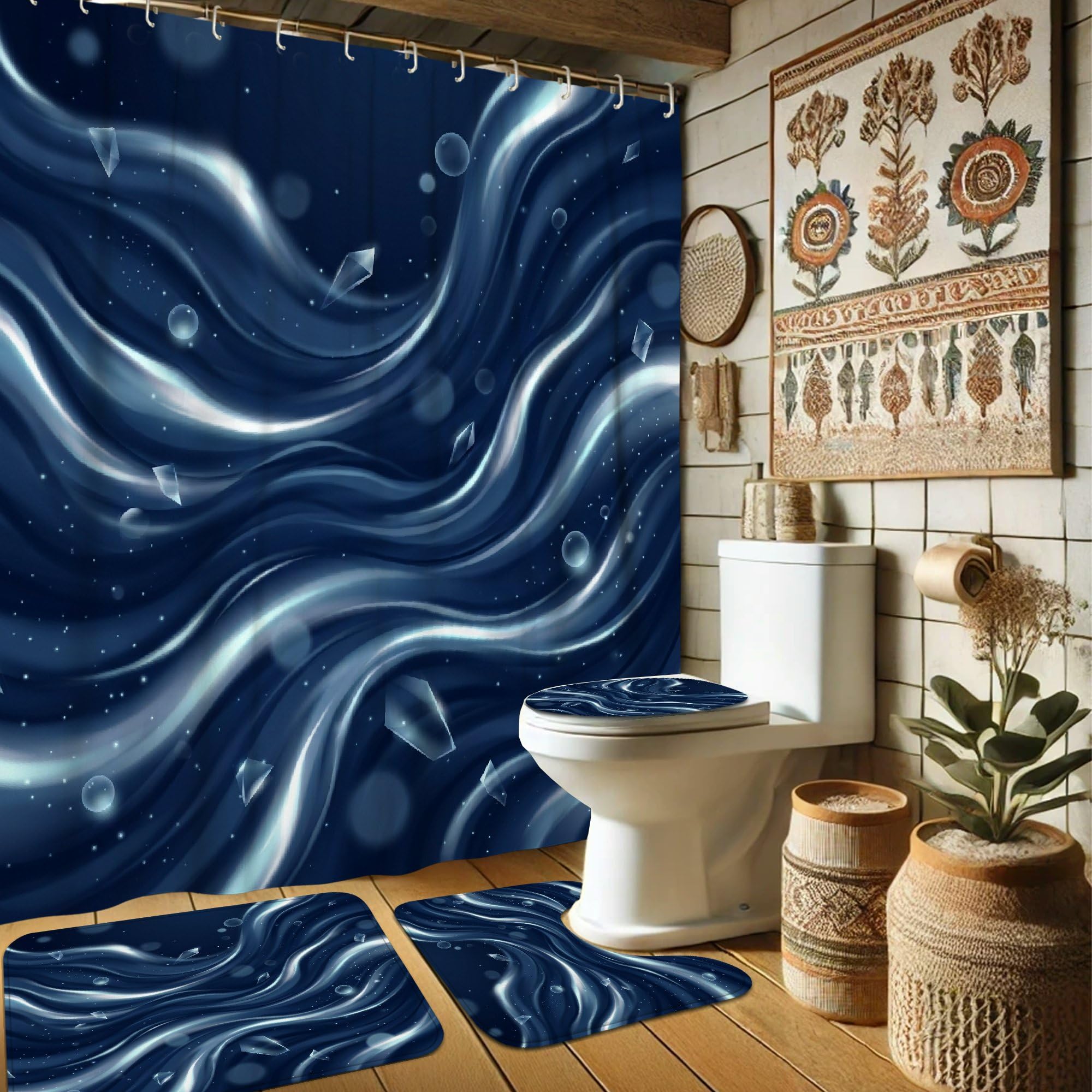 Rideau de douche bleu marine vagues et cristaux 183x183 cm avec tapis assorti