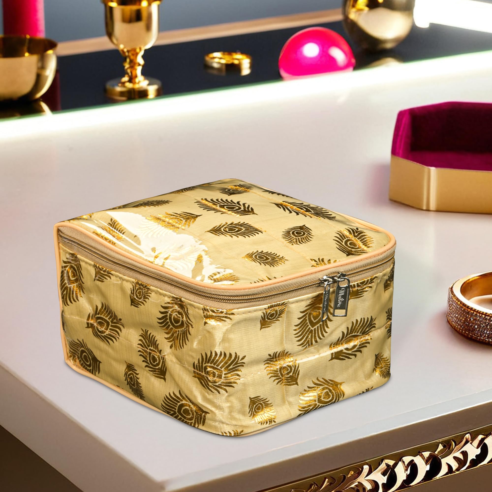Kuber Industries PVC Laminated Jewellery Pouches for Storage with 10 Transparent Pouches | Jewellery Kit/Bag/Organiser for Women | Mor Pankh Print - Golden