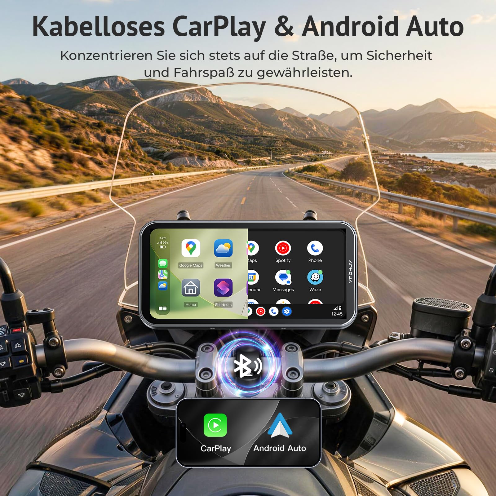 Motorrad CarPlay Display 6.25 Zoll, IP67 Wasserdicht, TPMS, USB/Acc | kabelloses CarPlay und Android Auto, (TPMS), Dual-Bluetooth, GPS, USB/Acc-Stromversorgung