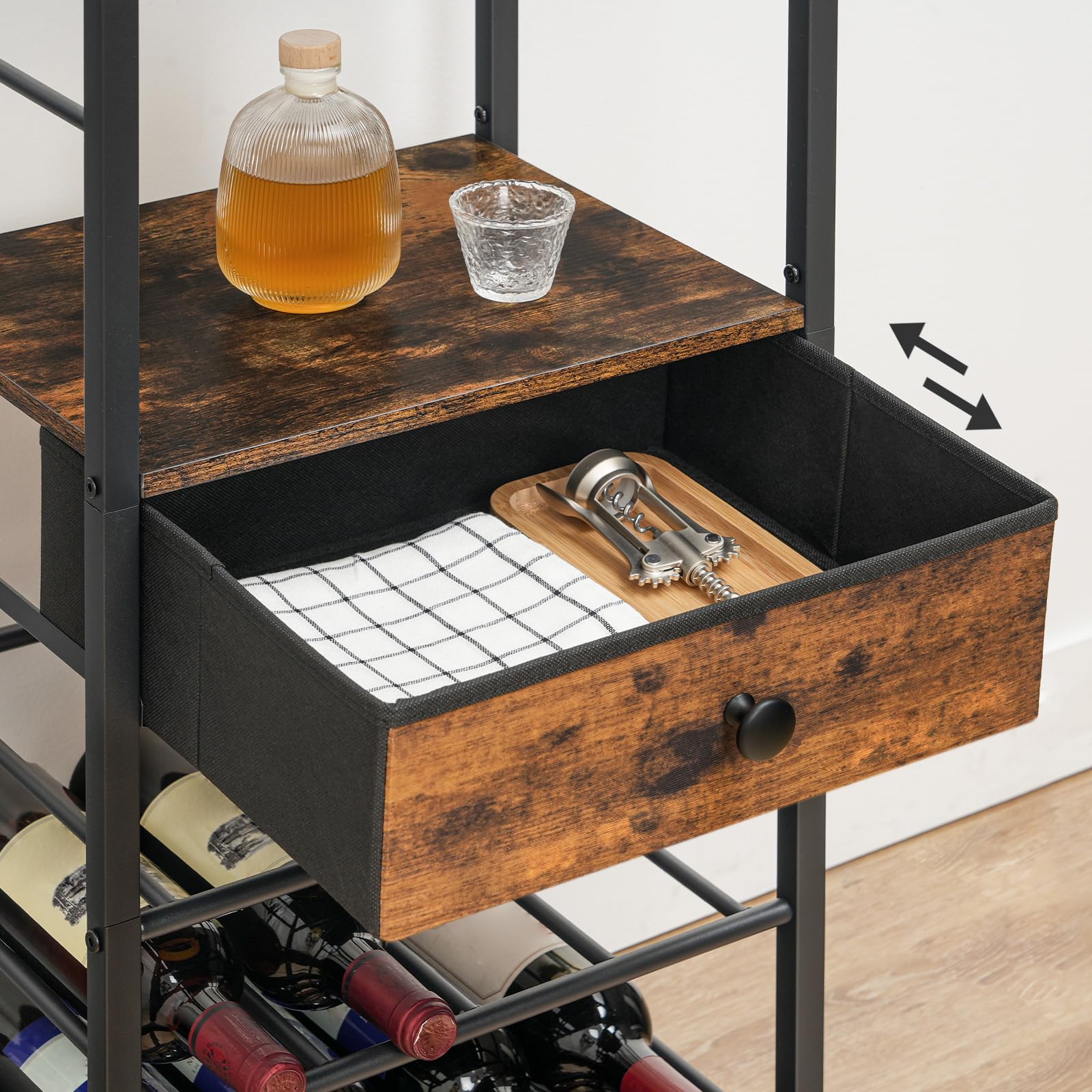 HOOBRO Weinregal für 16 Flaschen, Flaschenregal Holz mit 6 Etagen, Weinständer mit Schublade, Weinschrank, Weinflaschenhalter mit Glashalter 40 x 30 x 102 cm, Flaschen Organizer EBF10JJ01