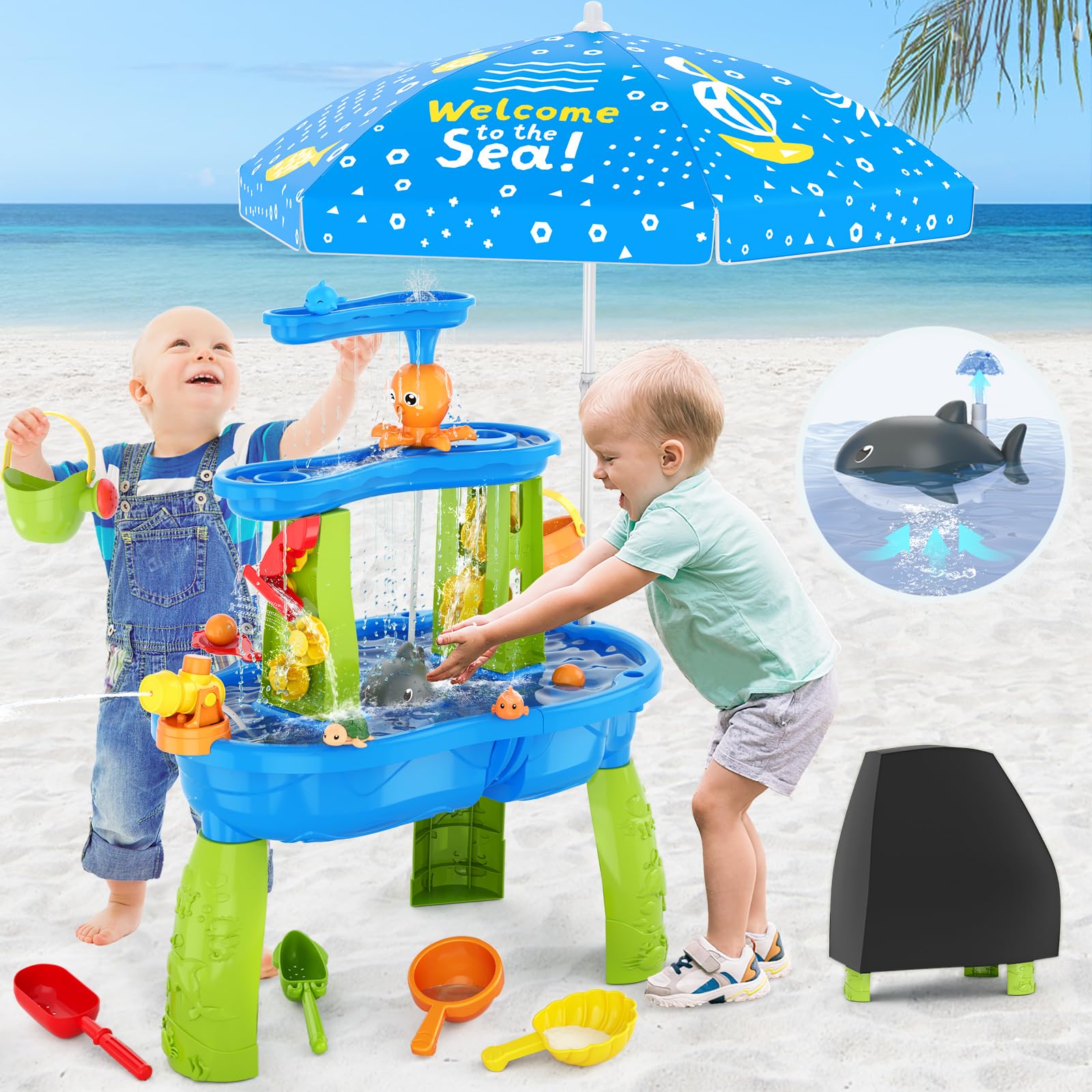 HYES 3-Tier Water Table for Toddlers 3-5 With Umbrella, Pump, Cover - Rain Showers Splash Pond for Outdoor Beach, Activity Sensory Play for Boys Girls