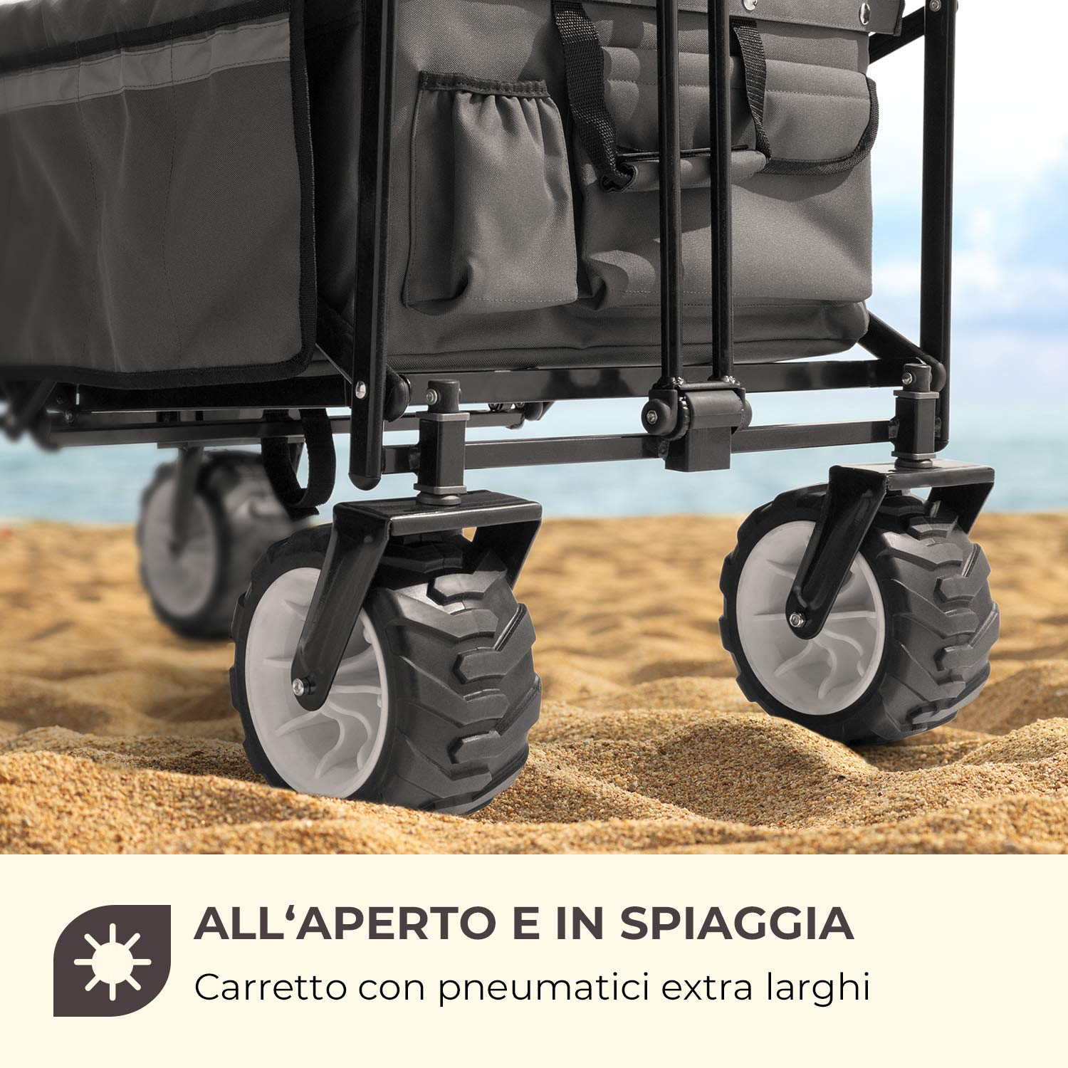 Waldbeck Easy Rider - Carretto, Carretto a Mano, Portata Fino a 70 kg, Copertura in Poliestere 600D, 2 Cinture di Sicurezza per Bambini, Pieghevole, Braccio Telescopico, Grigio
