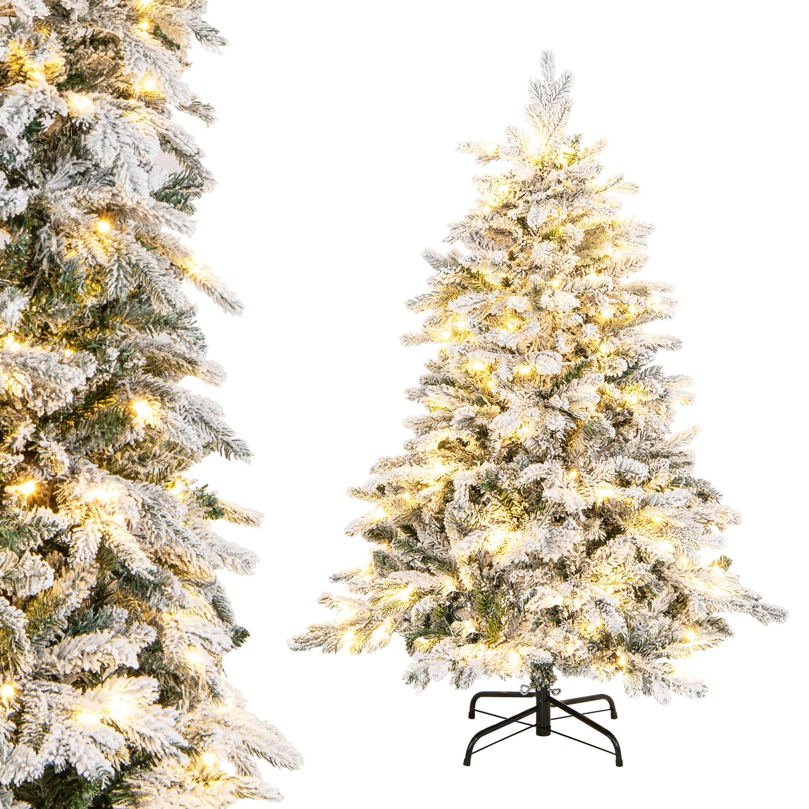 Goplus 4.5ft Pre-Lit Snow Flocked Christmas Tree, Artificial Hinged Xmas Tree with 757 Branch Tips, PE & PVC Mixed Leaves, 120 Warm-White LED Lights, Foldable Metal Base, for Home Office Holiday Decor