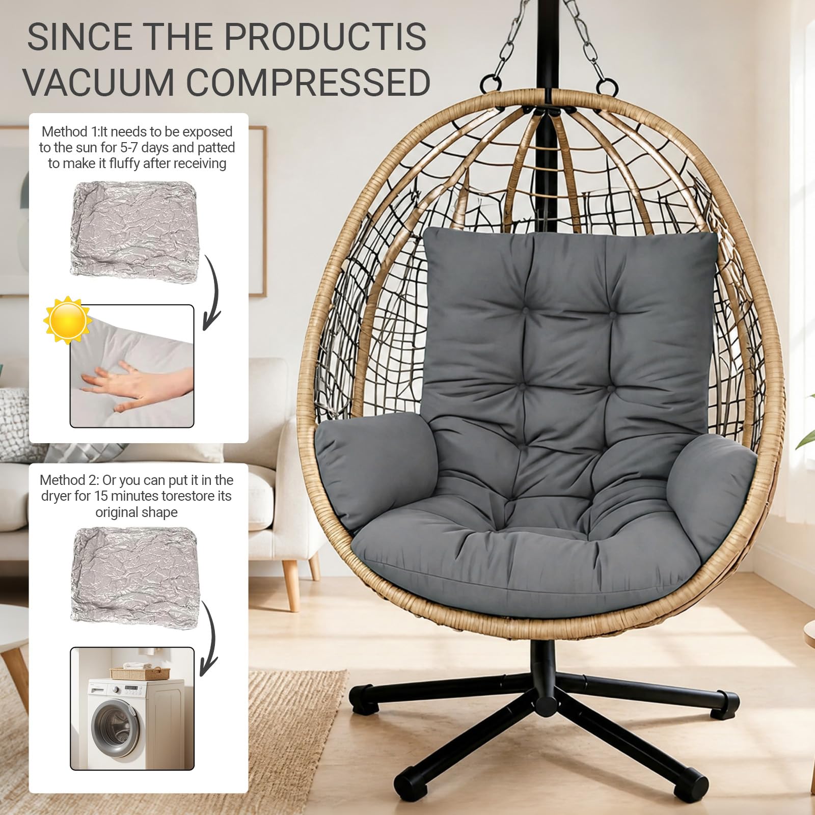 Coussin pour balancelle suspendue, coussin de chaise suspendue, coussin de jardin, coussin de siège lavable, coussin épais pour panier suspendu extérieur (gris foncé)