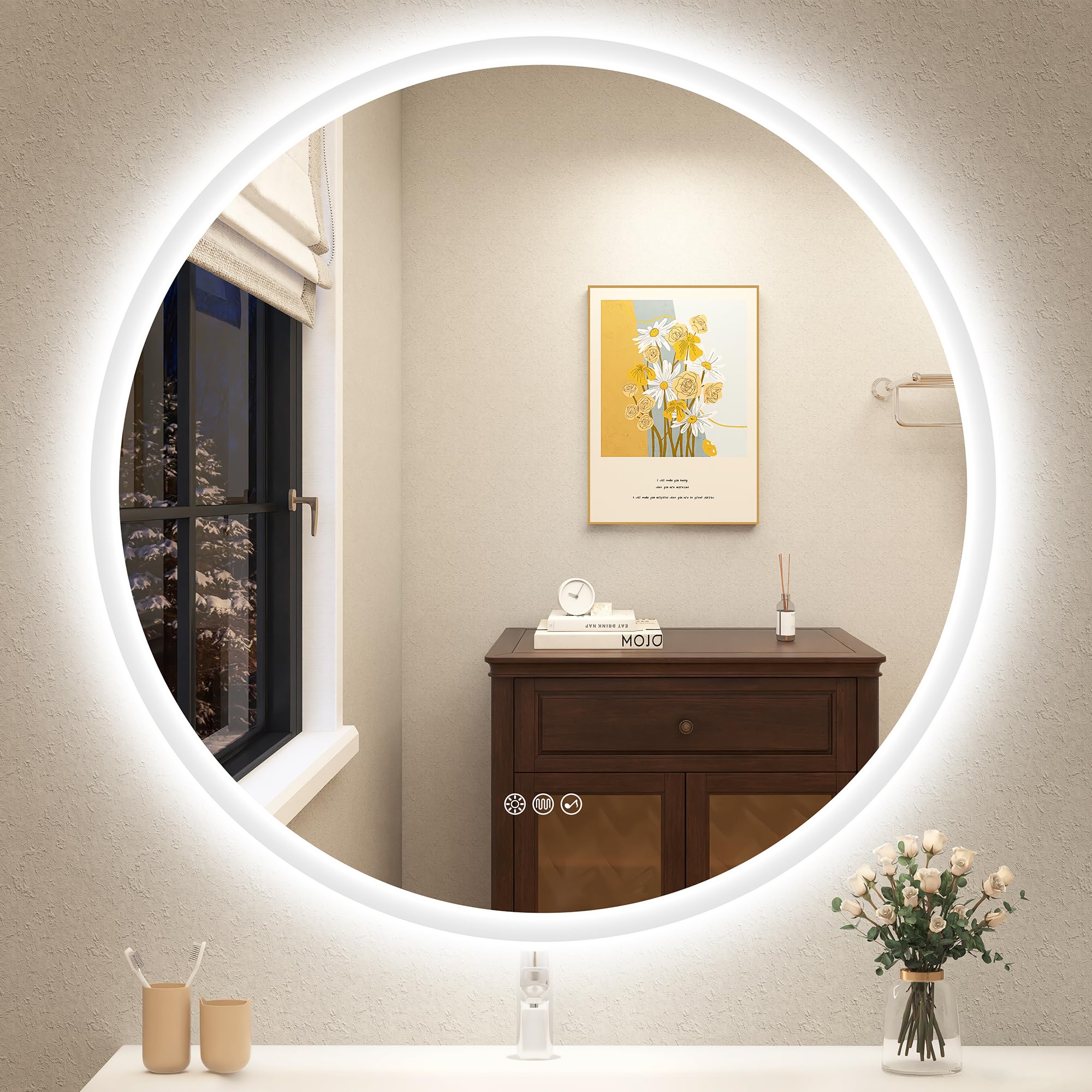 STARLEAD Specchio-Rotondo-Bagno-con-Luce 80cm Diametro, Specchio-Bagno con Bluetooth, Dimmerabile, 3000K-6500K, Disappannamento, Funzione Memoria, IP44 Vetro Temperato Specchio-Bagno-LED