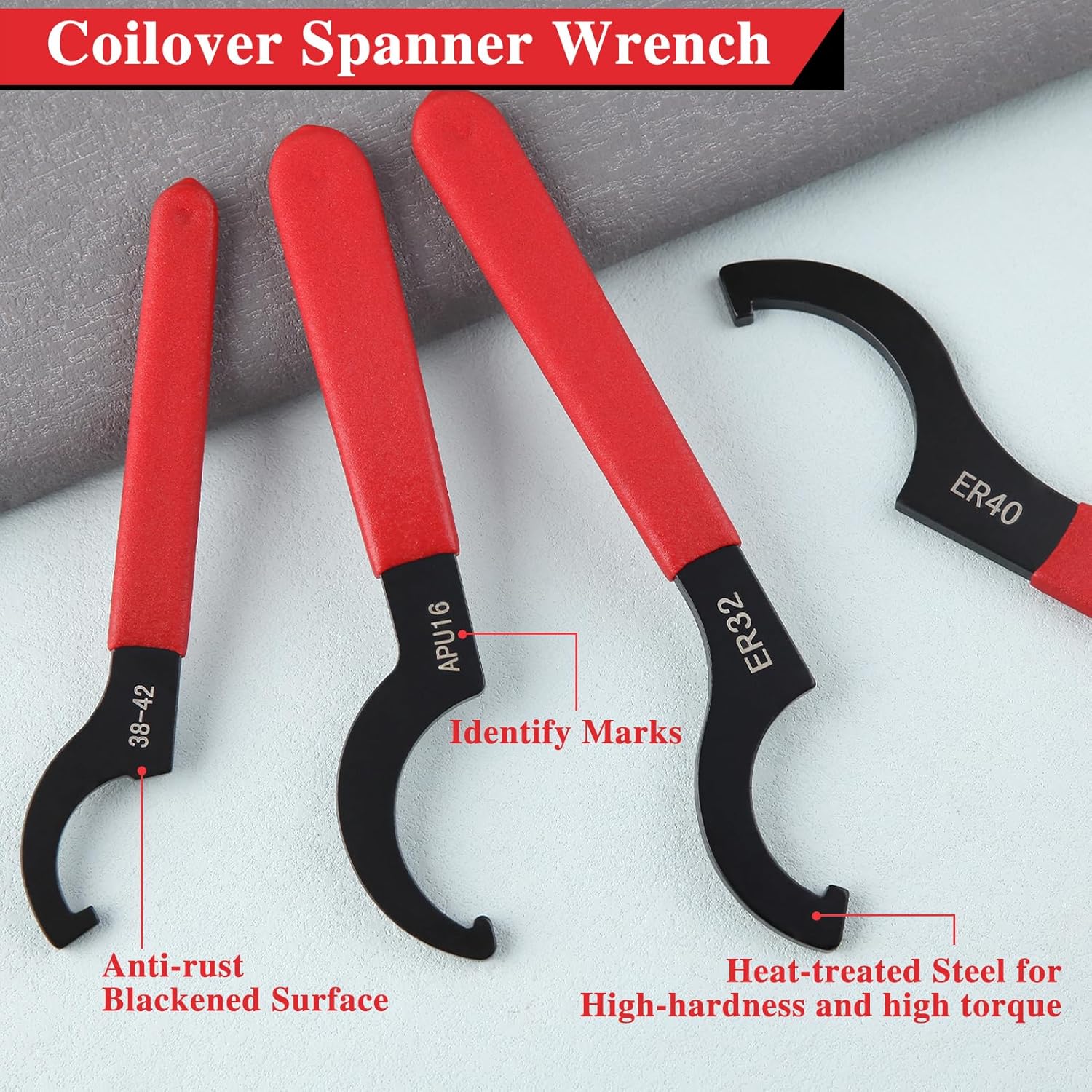Coilover Spanner Wrench Set 4 Pcs, Adjustable Shock Coilover Wrench Spanners, Heavy Duty Steel C-Shape Shock Spanner Wrench Hook Wrench Tools for Suspension System, Shock Adjustments
