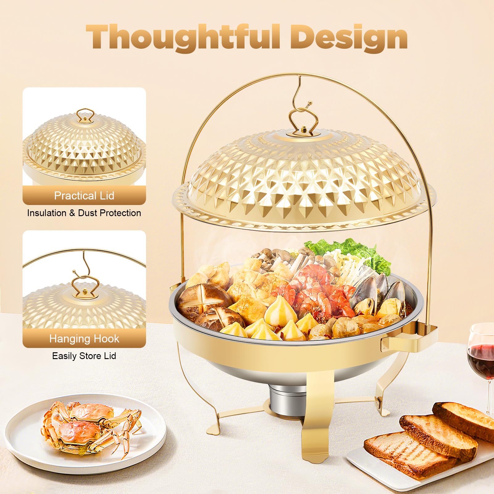 Chafing Dish Buffet, scaldavivande in acciaio inox, contenitore rotondo da 8 l, con bruciatore, utensile da portata a buffet, oro con coperchio, per catering, matrimoni, feste, feste di famiglia