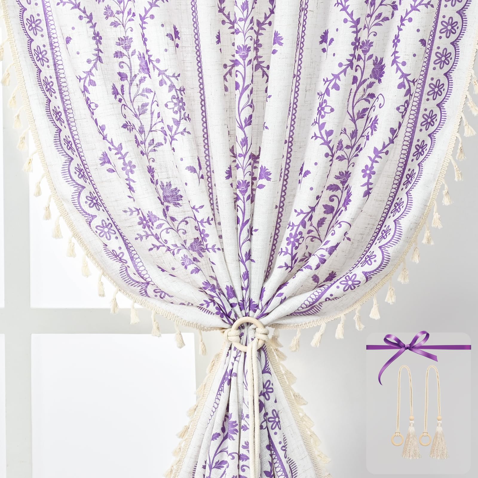 Yinhua Boho Curtains for Living Room 84 Inch Length Vintage Linen Curtains for Bedroom Light Filtering Window Curtain Rod Pocket &amp; Back Tabs Rustic Tassel Drapes with Tiebacks, White Purple