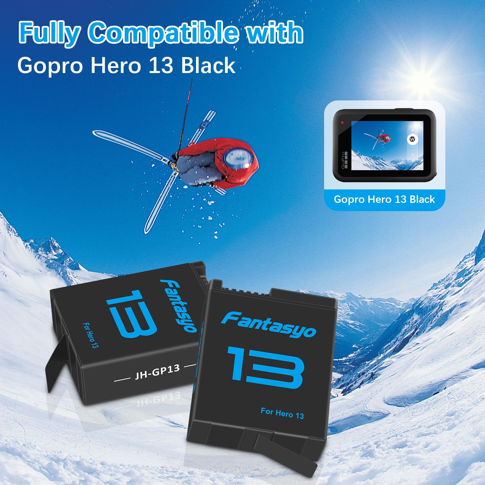 Fantasyo Batterie di ricambio da 2100 mAh (confezione da 2) per GoPro Hero 13 Black e caricatore rapido a 3 canali, completamente compatibili con batteria e caricabatterie GoPro Hero 13