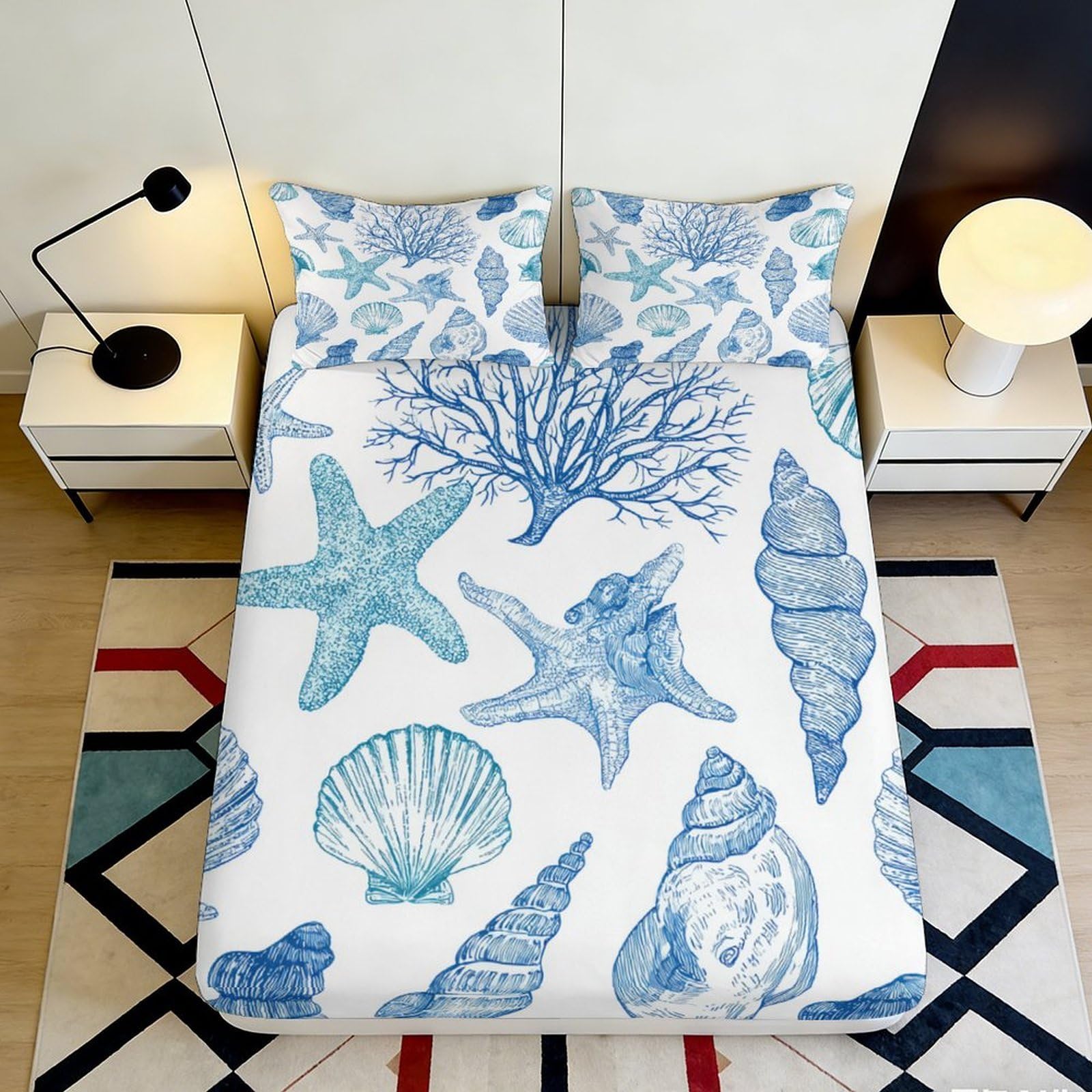 Pnayamiorkfel Style-9 3D Printed Ocean Starfish Fitted Sheet Microfiber Shell Coral Bed Cover Bedroom Decor Machine Washable 90X200x25cm