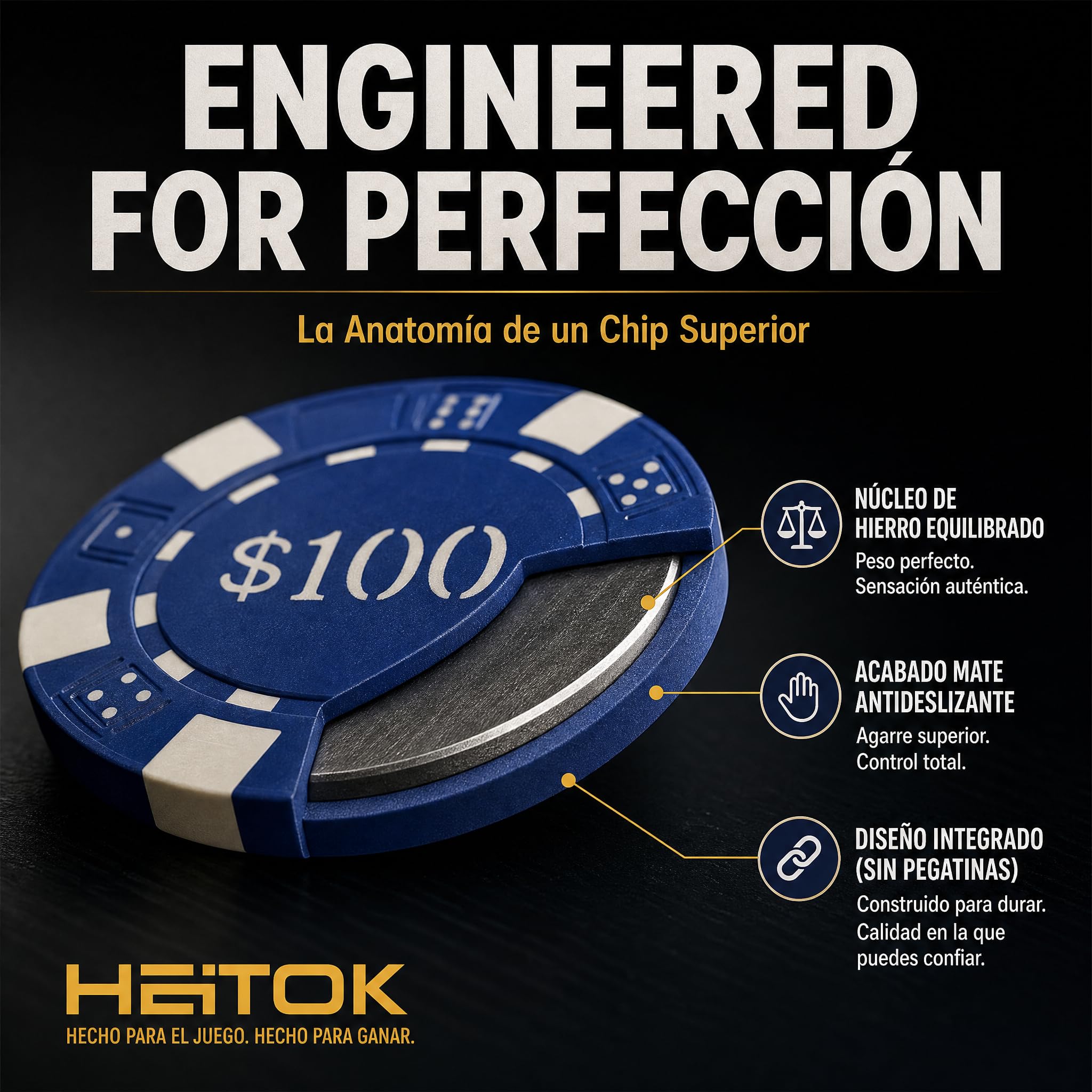HEITOK Juego de Fichas de Póker 500 Fichas Numeradas – 11,5g con Denominaciones y Estuche Robusto para Adultos