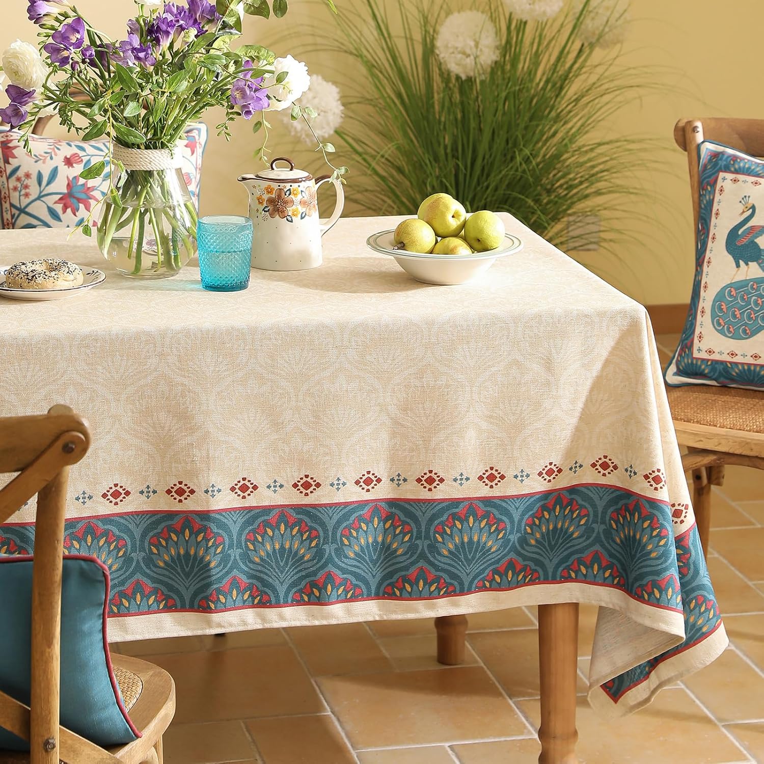 Vintage Beige Linen Extra Long Rectangle Tablecloth,Paisley Farmhouse Feather Pattern Table Cloth,Decor Table Cover for Kitchen,Dining,Thanksgiving,Christmas,63"*110"-Dorodango F - Image 8