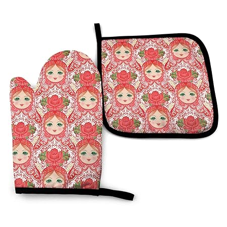 Abucaky Traditional Russian Nesting Doll with Flowers Oven Mitts and Pot Holders Insulated Gloves & Kitchen Counter Safe Mats for Cooking BBQ Baking Grilling (2-Piece Set)