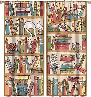 Cute Cat Curtains Hand-Painted Bookshelf Sleeping Cat Pattern Printed Curtains Kids Room Bedroom Decoration Blackout Curtains 2 Panel Groups W55 * L63 Inch