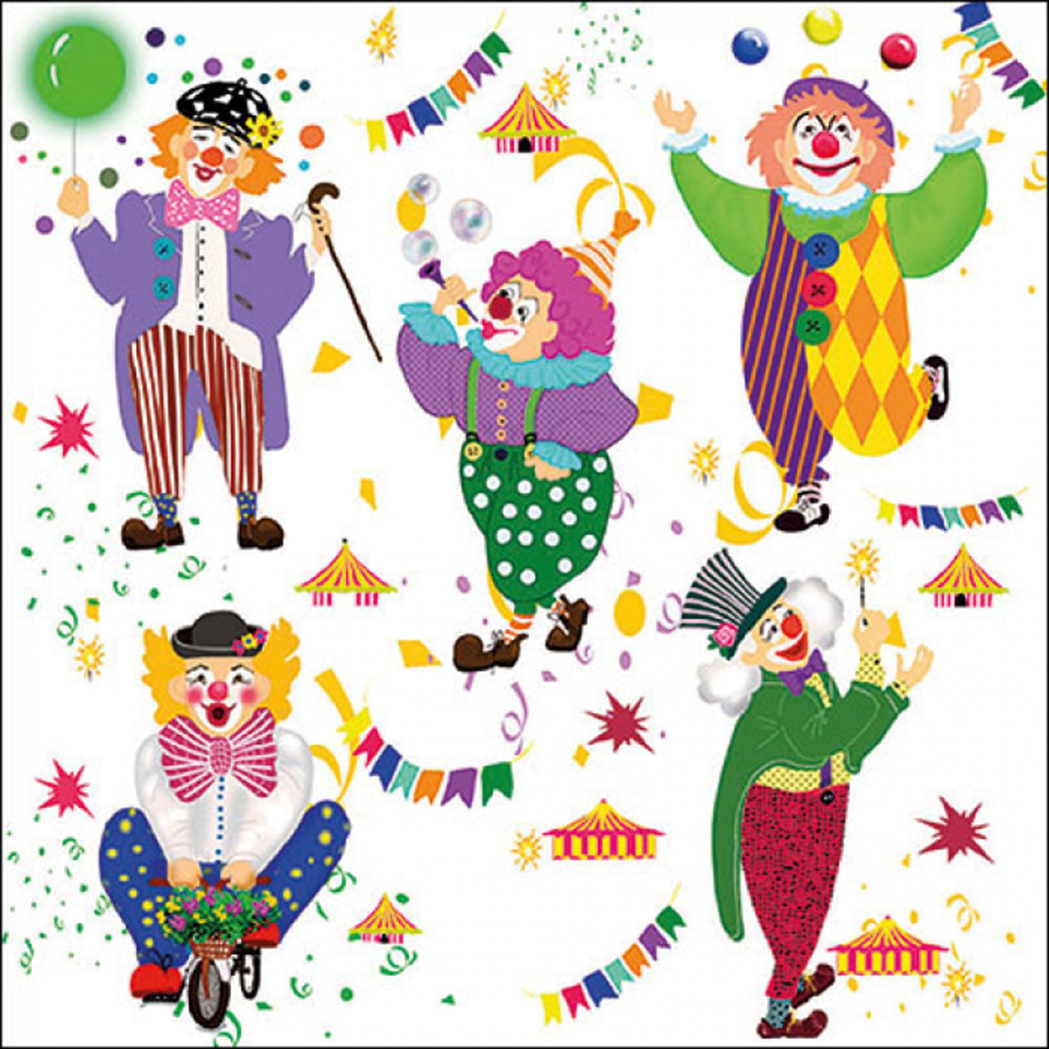 20 Servietten Tanzende Clowns – Karneval & Zirkusdeko, 33x33 cm (1/4-Falz), bunt
