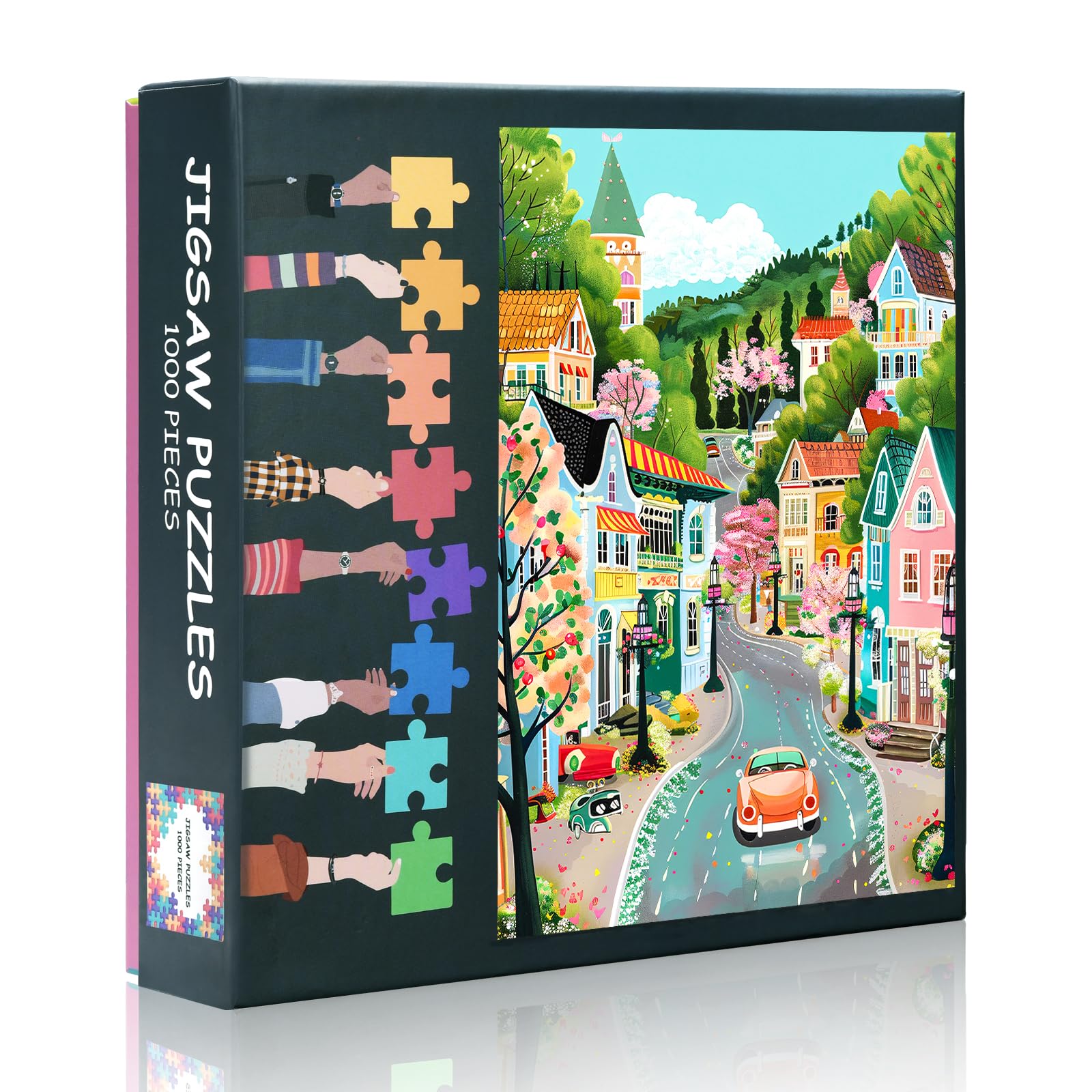 1000 Pieces Jigsaw Puzzle for Adults European Cartoon Fairy Tale Town with Orange Car Puzzles Games for Adults Hard Challenging