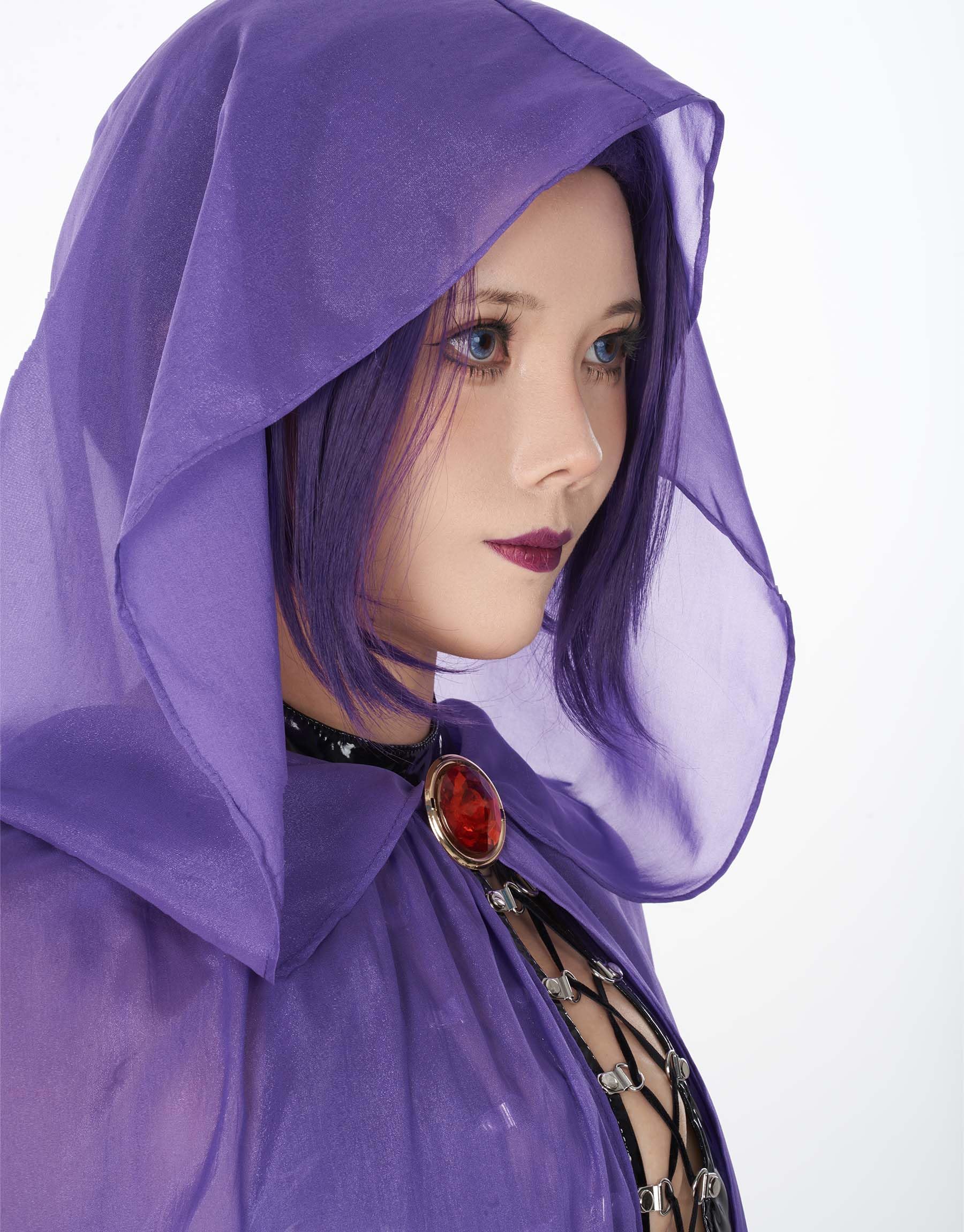 MEOWCOS Bodysuit Women One Piece Babydoll Gothic Halter Backless Front Hollow Bodysuit with Cloak and Chain: Large Black and Purple