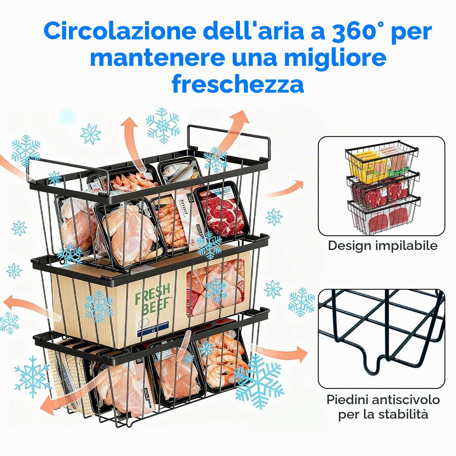 6 Pezzi Cestini per Congelatore, Maniglia Impilabile Cestini Congelatore per 198L Congelatore Organizzare Gli Ingredienti Congelati, Facile Accesso (37x18x15cm)