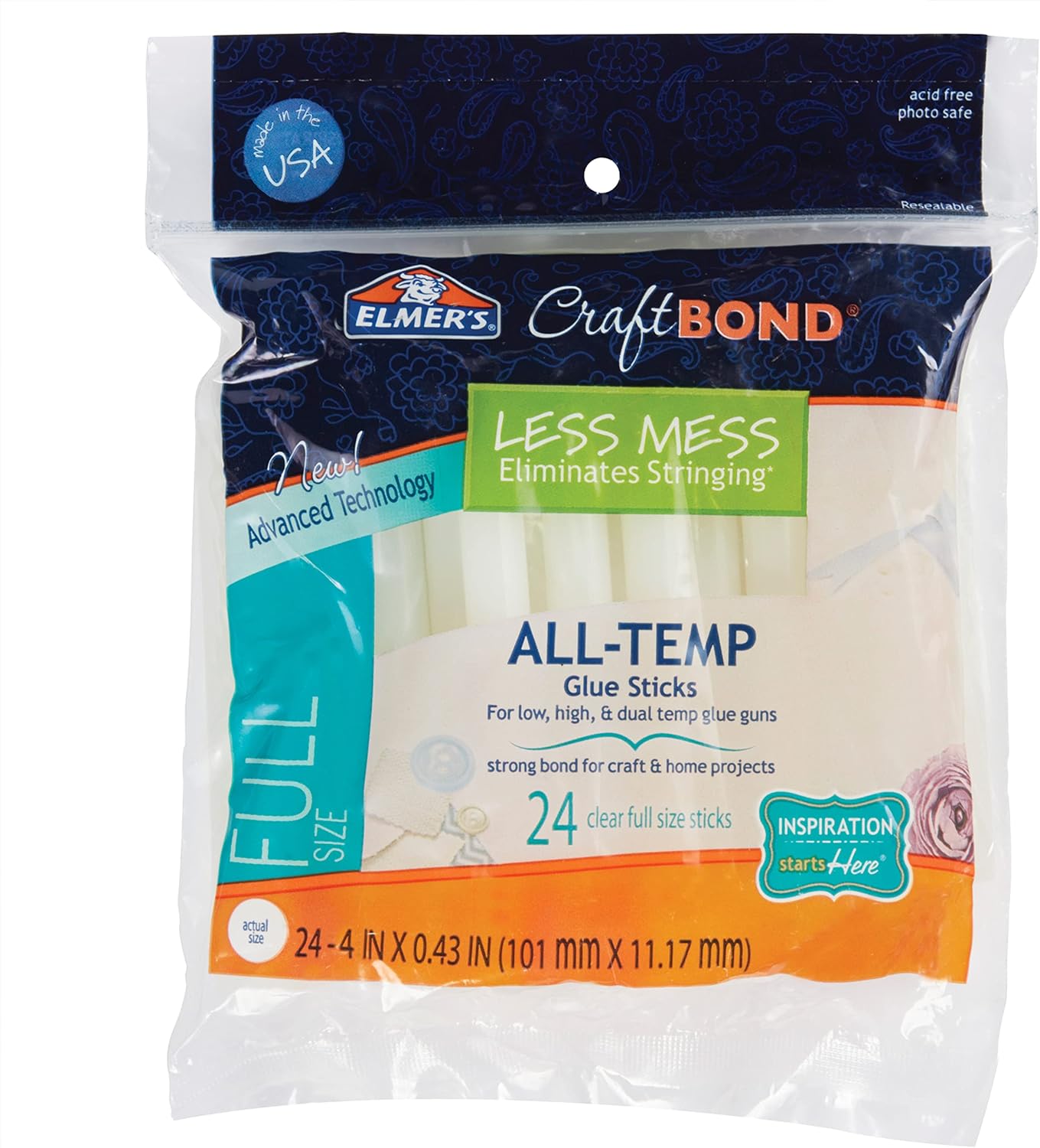 Elmer’s CraftBond Less Mess All-Temp Glue Sticks, 4” x 0.43”, 5 Packs of 24 (120 Glue Sticks)