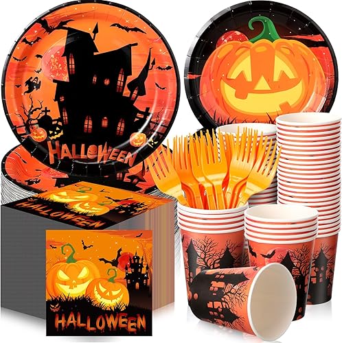 180 piezas de suministros para fiesta de Halloween, platos, servilletas, vasos, servir, 30 platos desechables de Halloween, platos de postre,