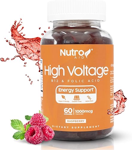 Nutroaid Gomitas de vitamina B12 y ácido fólico de alto voltaje para mujeres y hombres Complejo único de gomitas B12 y ácido fólico Gomitas de