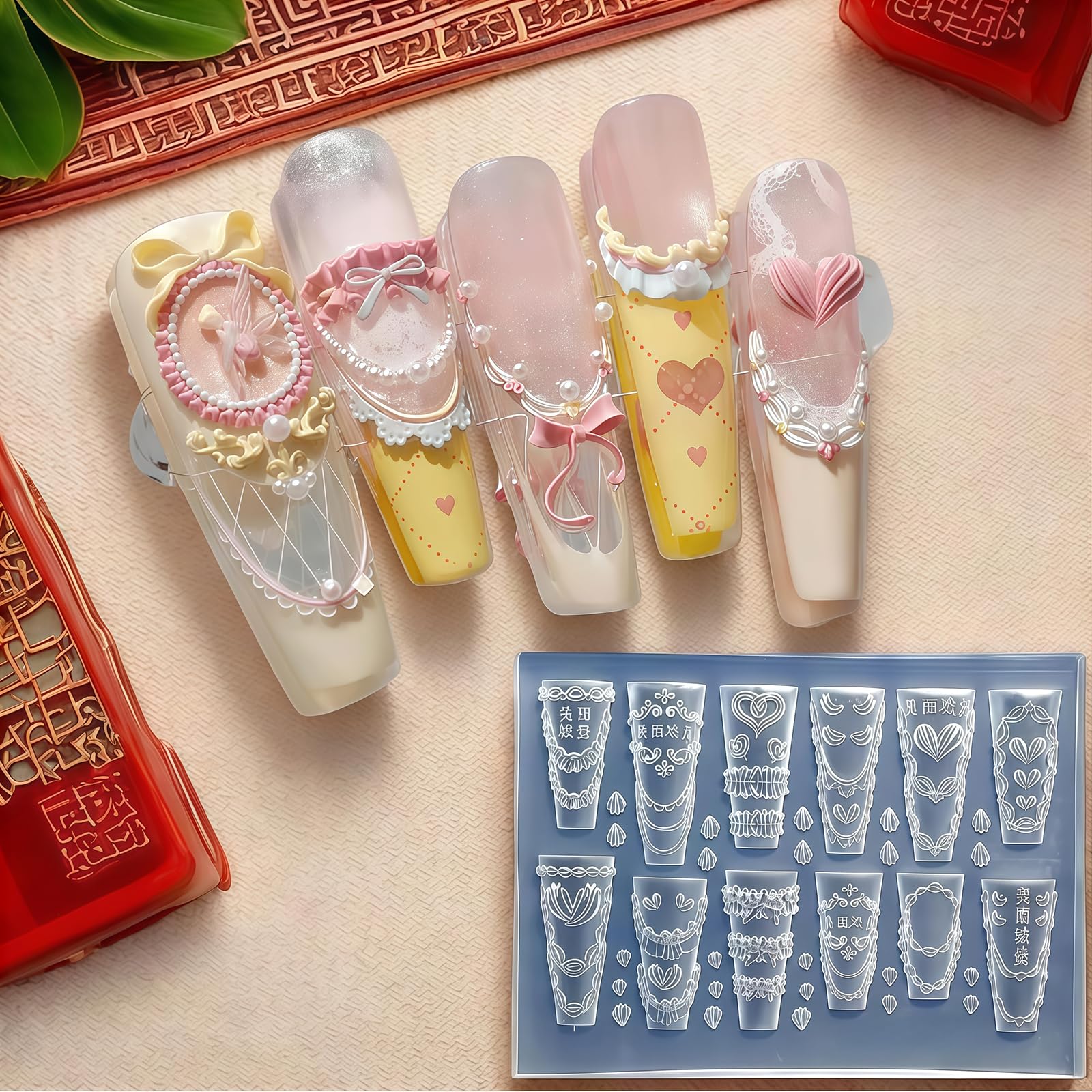 Silikon Stampi per Unghie 3D, Crema Pizzo Design Unghie, Charms Unghie Strumenti in Silicone, Decorazioni per Unghie Accessori per Nail Art