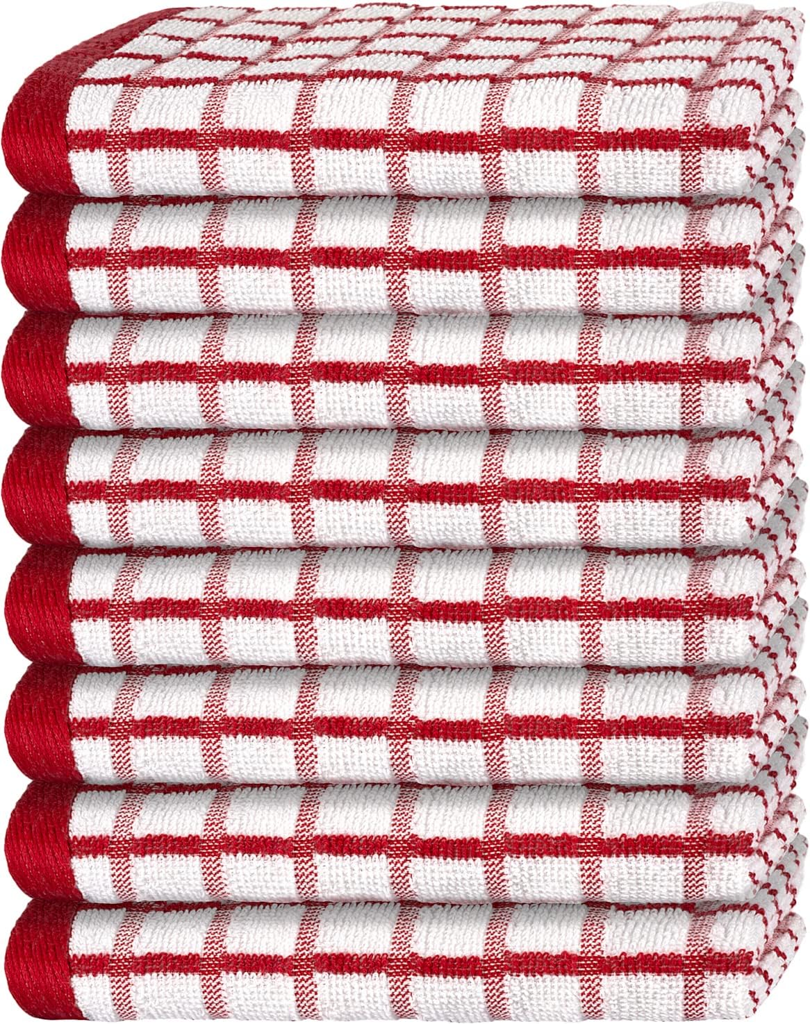White Classic [8 Pack] Premium Dish Towels for Kitchen, with Hanging Loop - Heavy Duty Absorbent 100% Cotton 410 GSM Terry Kitchen Towels, 16x26 (Red)