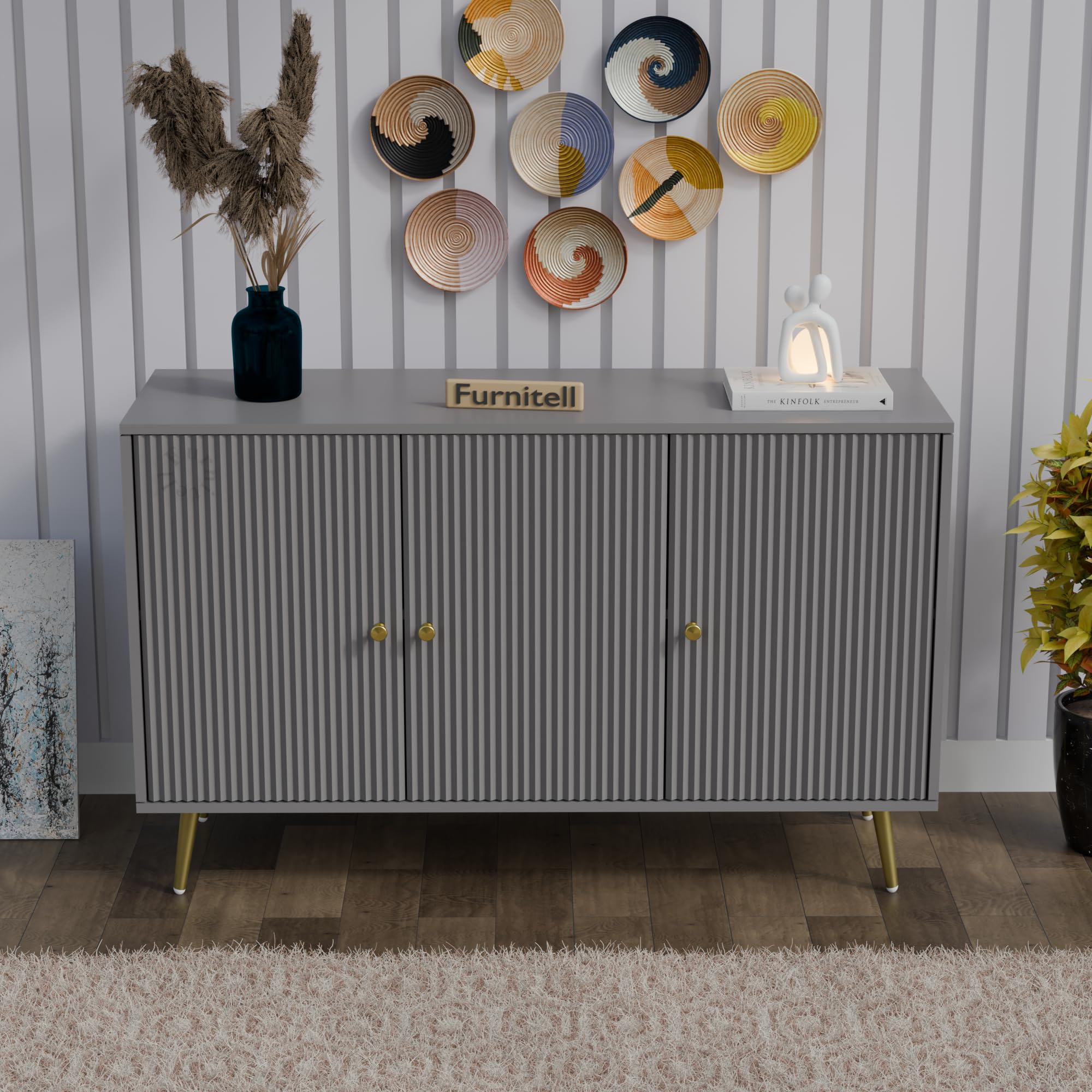 Modern Wooden Sideboard Cabinet for Living Room & Bedroom | 3 Door Storage Cabinet with Fluted Panel Design, Gold Knobs & Metal Legs | Multipurpose Storage (Grey)-image-39