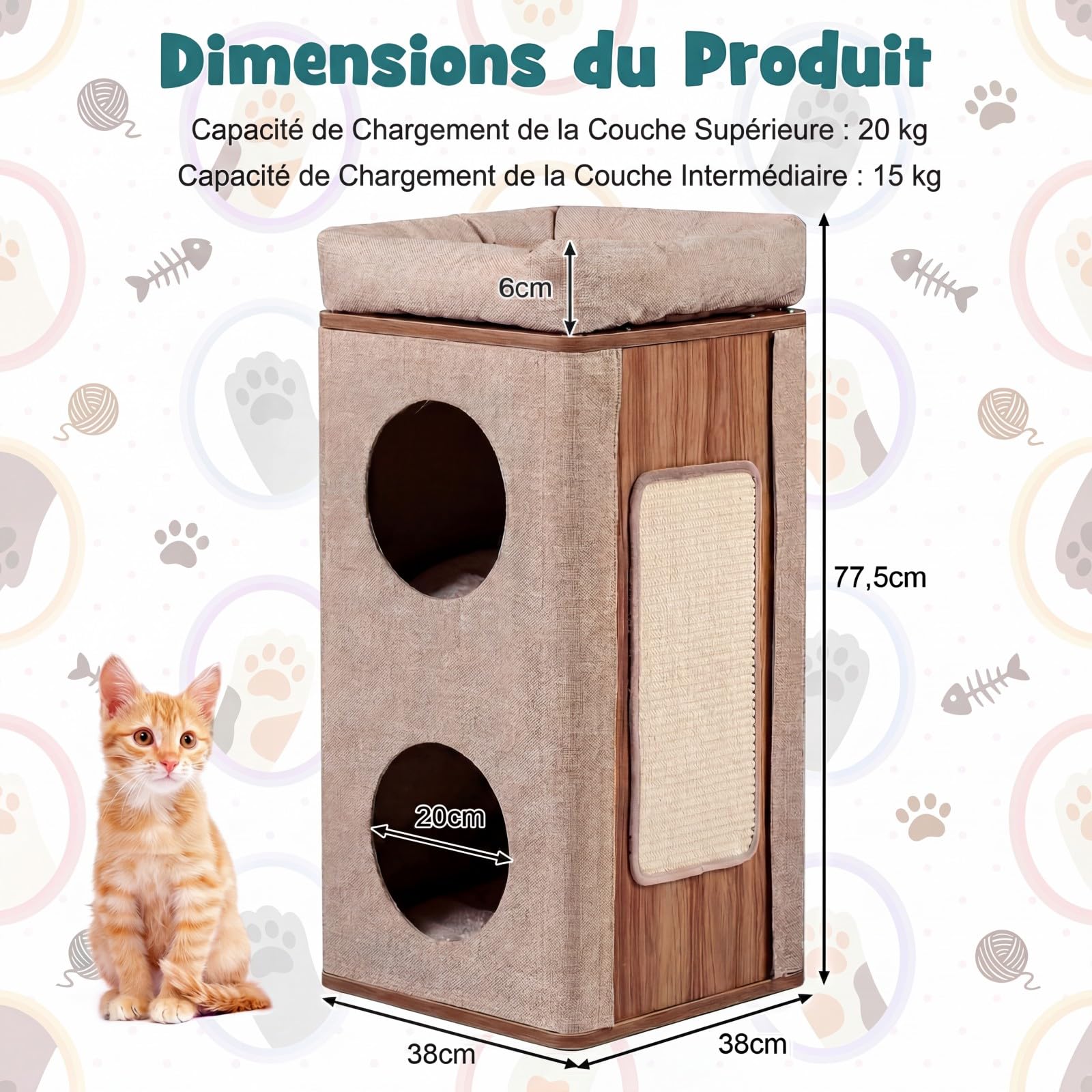 GOPLUS Tonneau à Gratter pour Chat 3 Niveaux 71CM, Surface Peluche (Beige)