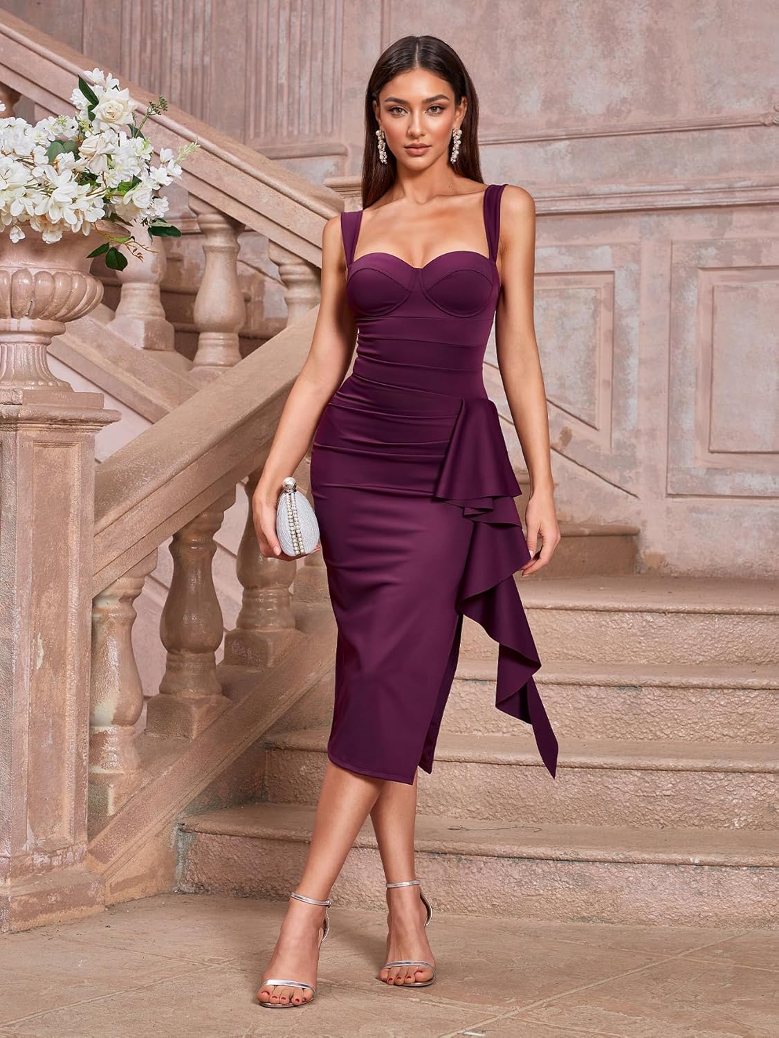 Women's Formal Evening Midi Cocktail Dress Built-in Bra Ruched Sleeveless Slit Ruffle Fall Wedding Guest Dresses - Image 3