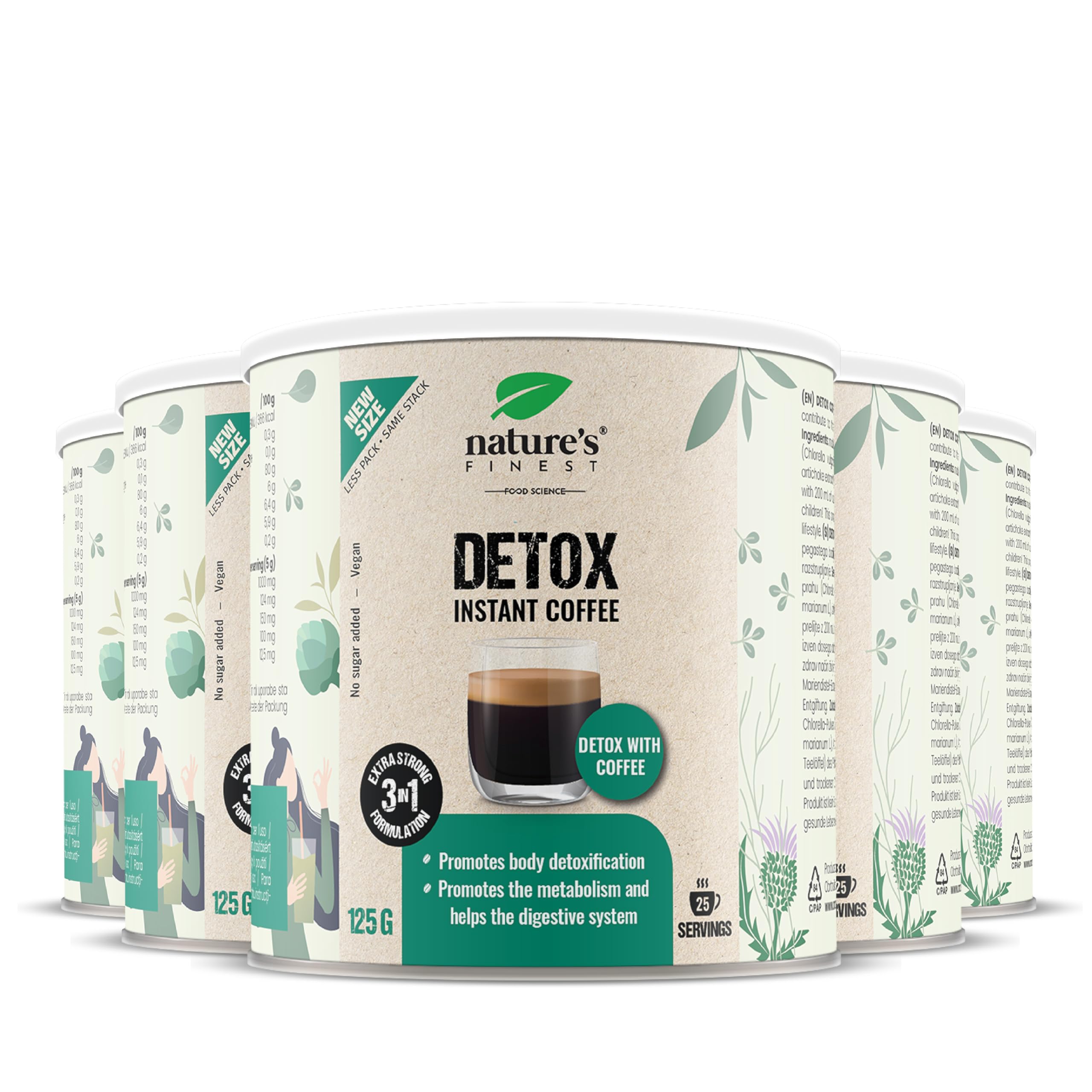 Nature's Finest Detox Coffee, Café Soluble 625 g (Paquete de 5) | café instantáneo con chlorella, cardo mariano y alcachofa - arábica suave - vegano - taza lista en 1 minuto