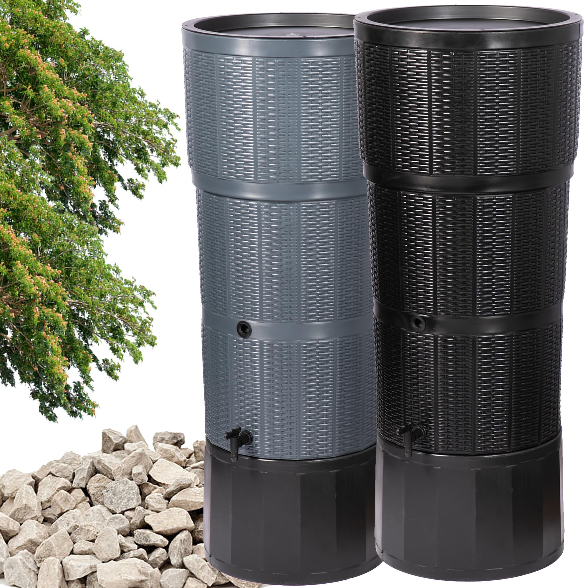 150L Extra Large Premium Rattan Wicker Effect Water Butt With Stand, Tap, Rain Diverter & Lid Decorative Outdoor Water Storage Tank (GRAPHITE)