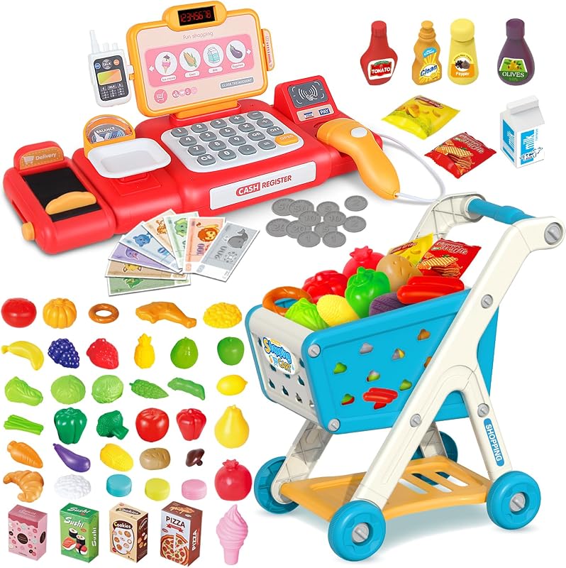 Carrito de compras para niños, juego de carrito y calculadora de juegos de simulación, caja registradora de juguete con comida y accesorios, perfecto para mayores de 3 años, juegos de simulación y juegos de rol