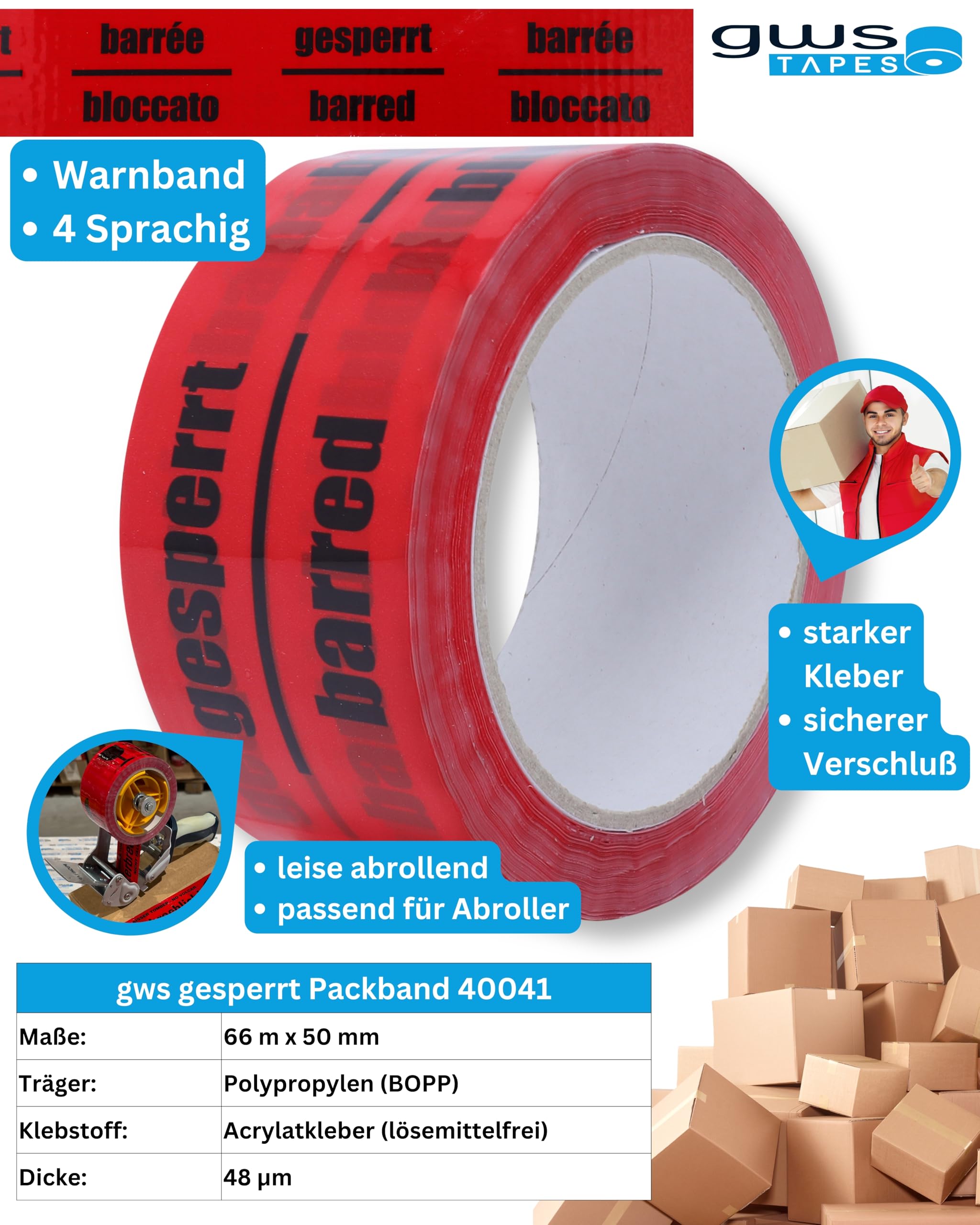 gws Cinta de embalaje bloqueada roja PP silenciosa | Cinta adhesiva de embalaje de calidad profesional | Cinta indicativa alemana/ingles/francés/italiana | 50 mm x 66 m (36 rollos)