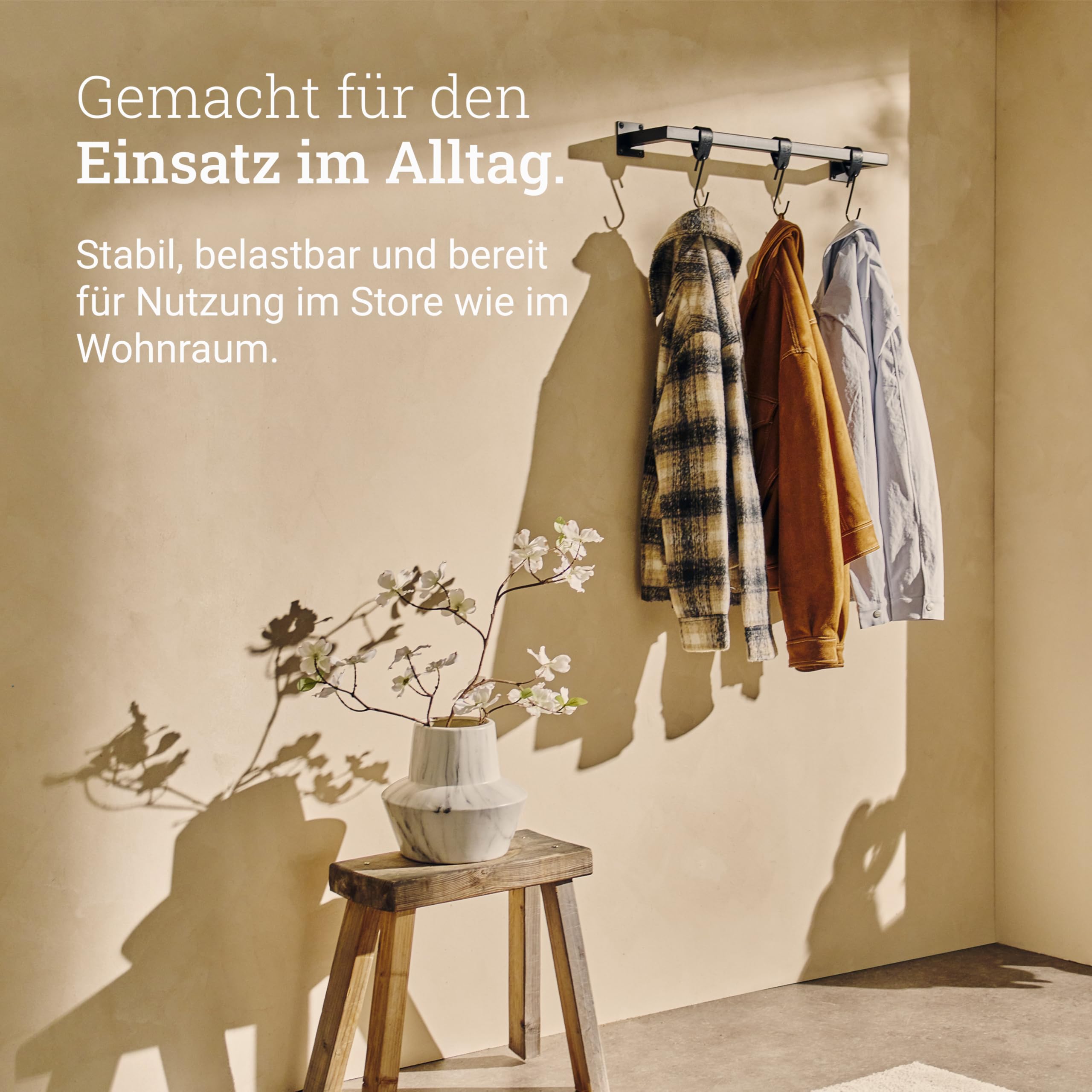 Natural Goods Berlin 1x Kleider-Stange RECHTECK | Einfache Wand-Montage | Kleider-Stangen aus Metall in Schwarz | Wand-Garderobe 60x12 cm