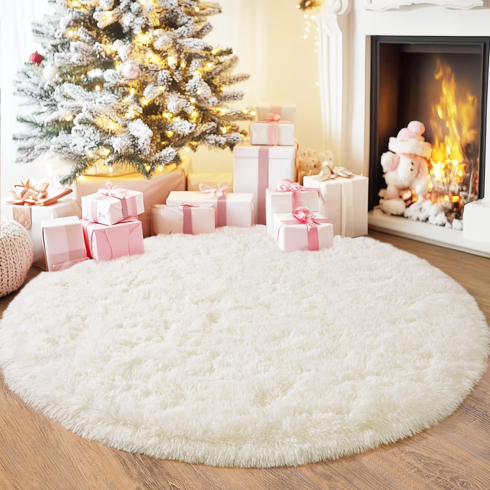 Quntue 4'x4' Cream Round Rugs for Girls Bedroom, Ultra Soft Fluffy Circle Rug for Kids Room, Cute Shag Rugs for Living Room Playroom Tent Castle Home